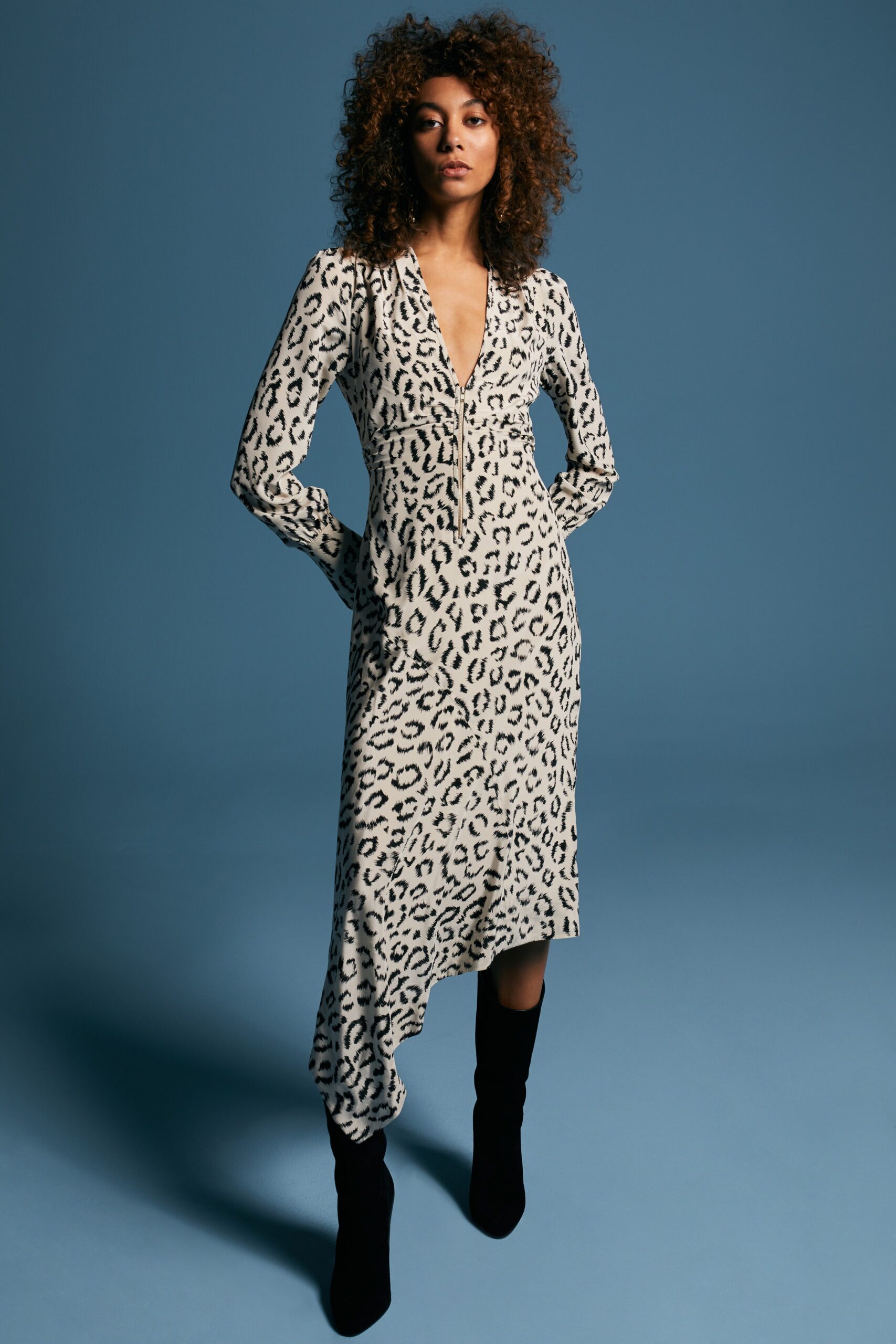 beige black animal-print midi dress