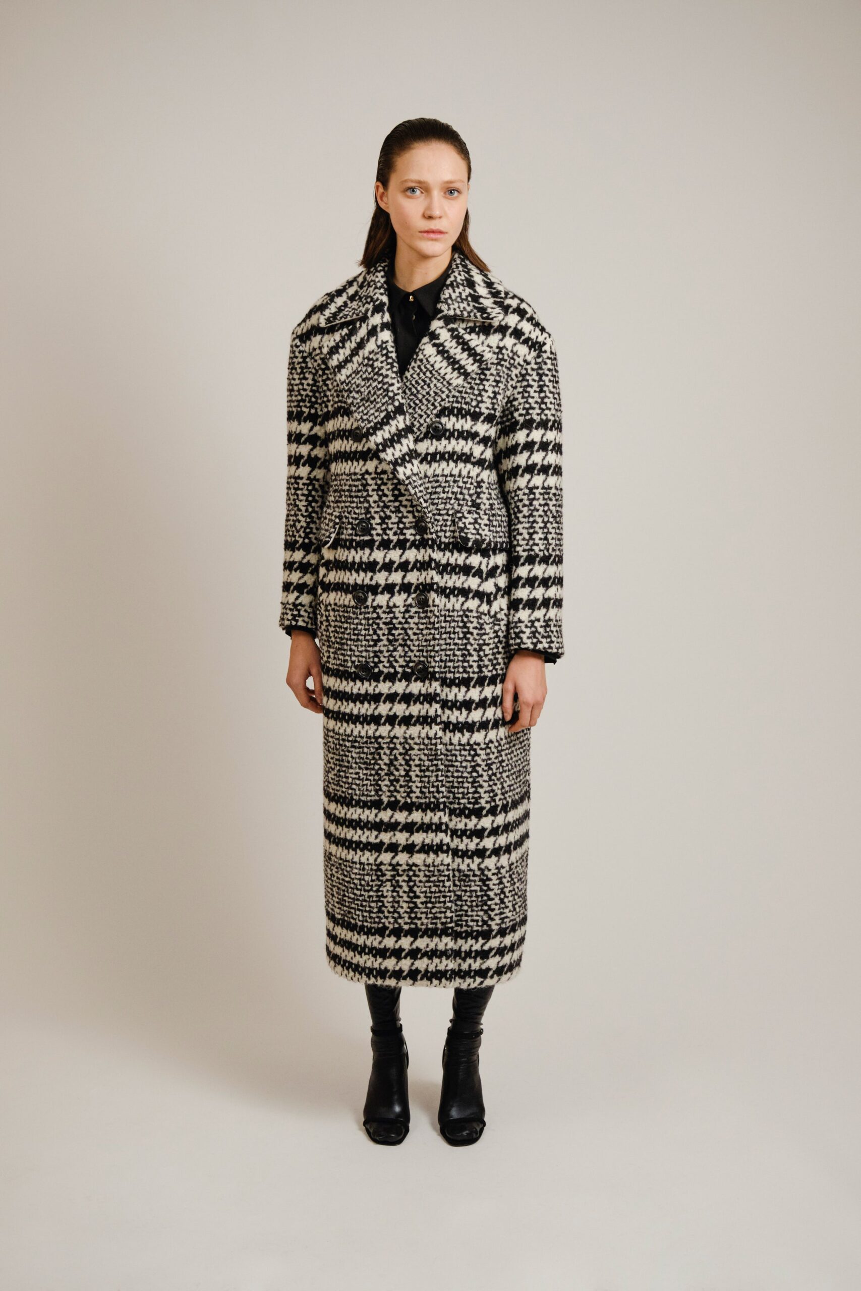 black and white checked coat