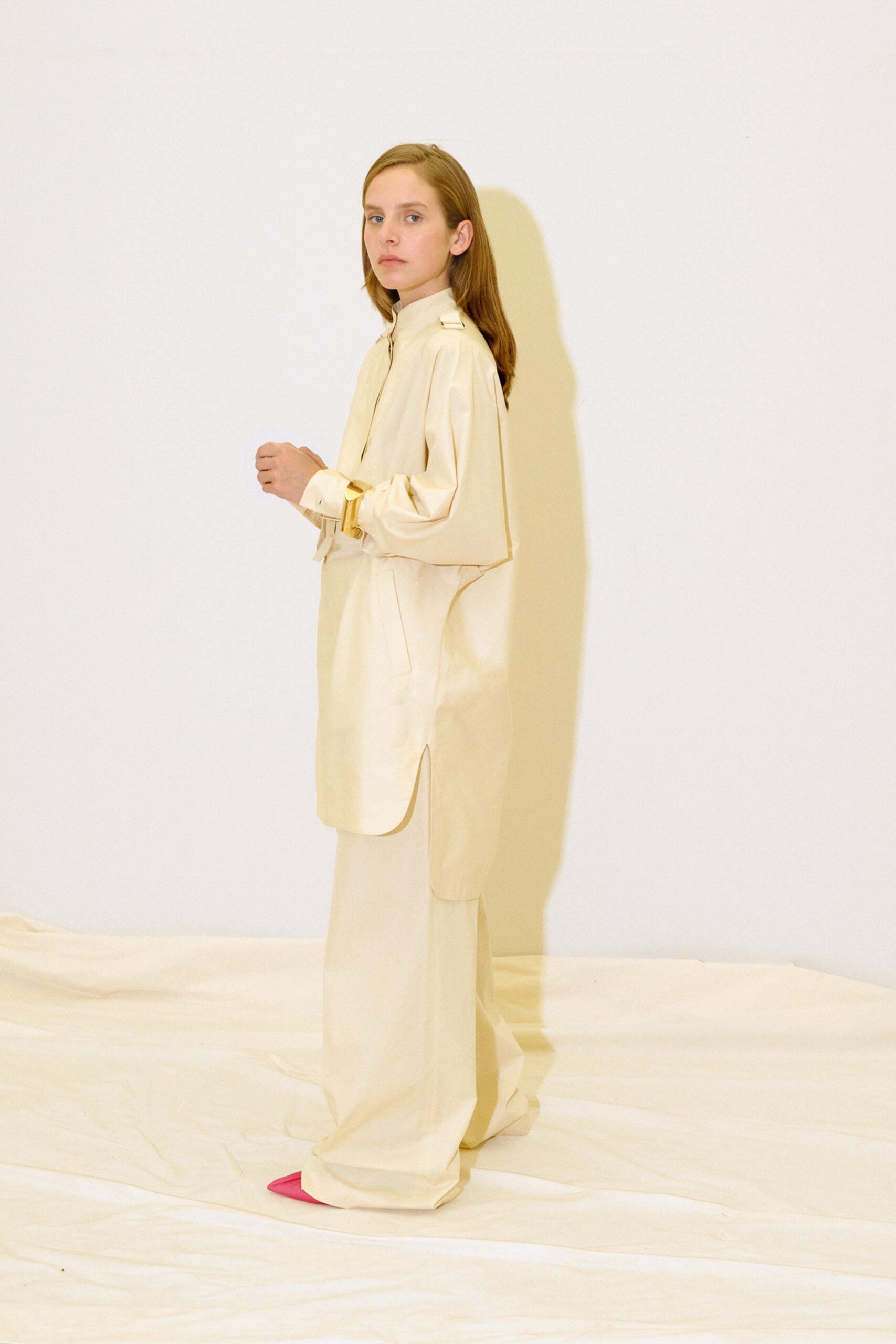 beige cotton long-sleeve collared oversized buttoned shirt