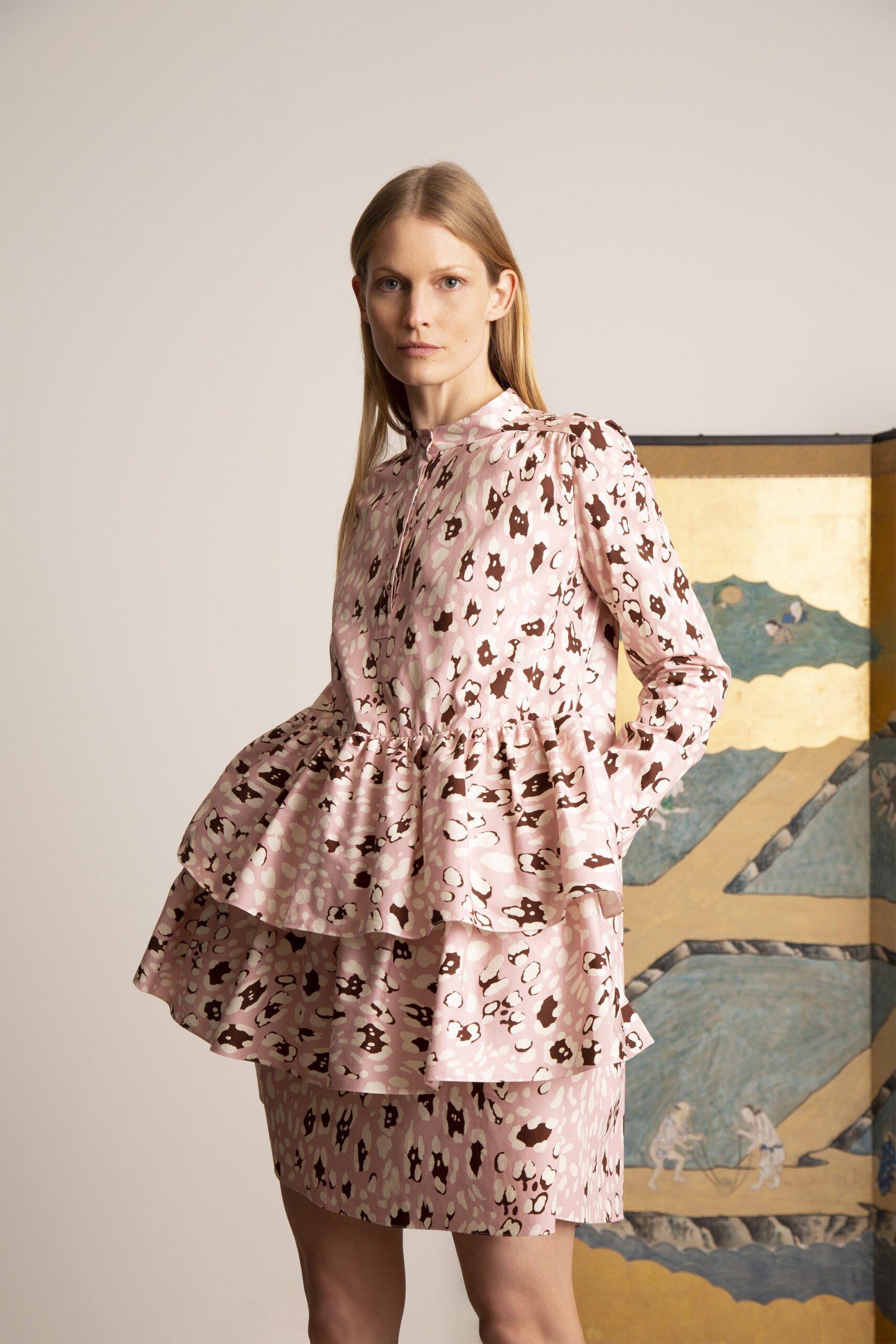 pink printed tiered dress