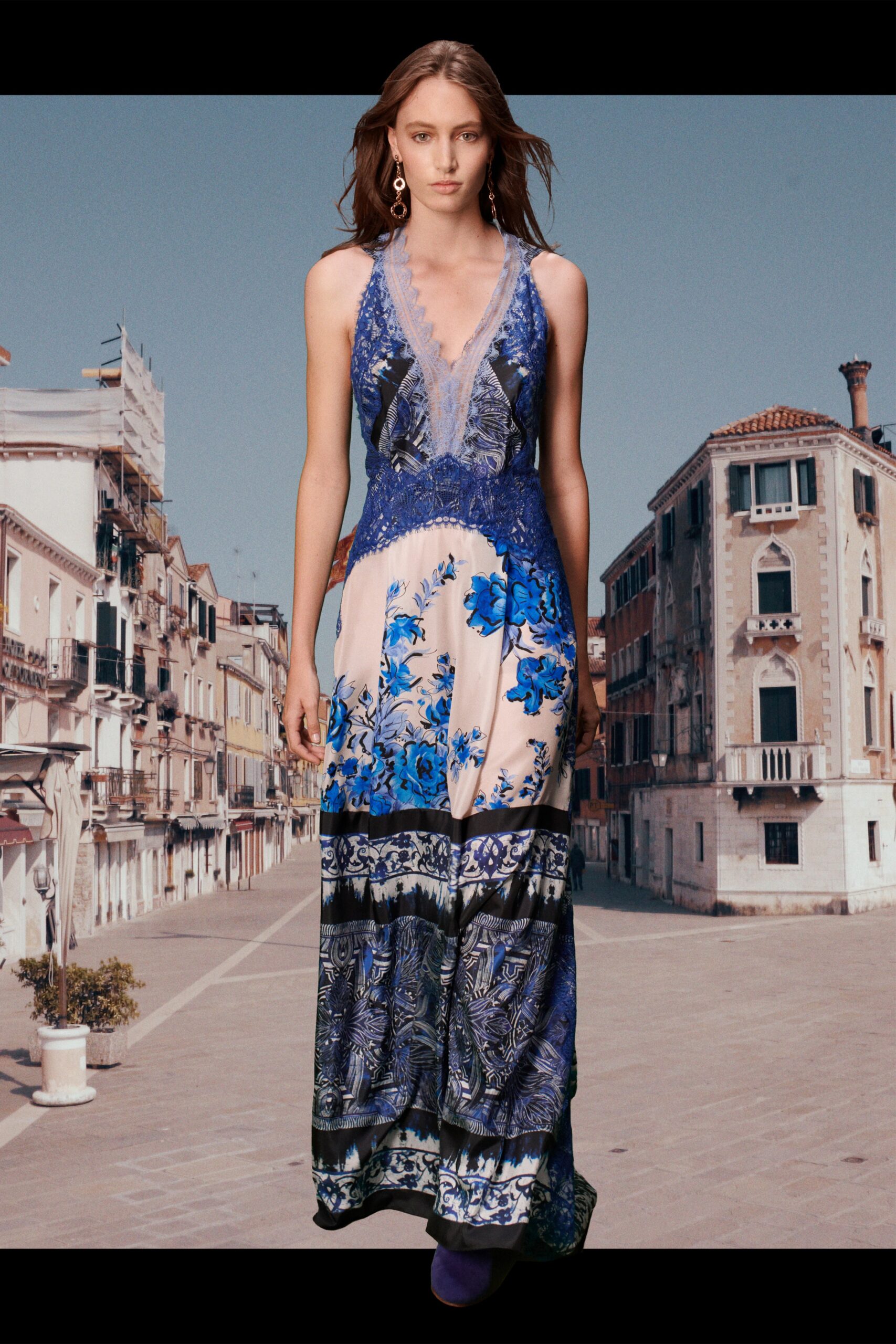 blue and beige floral gown