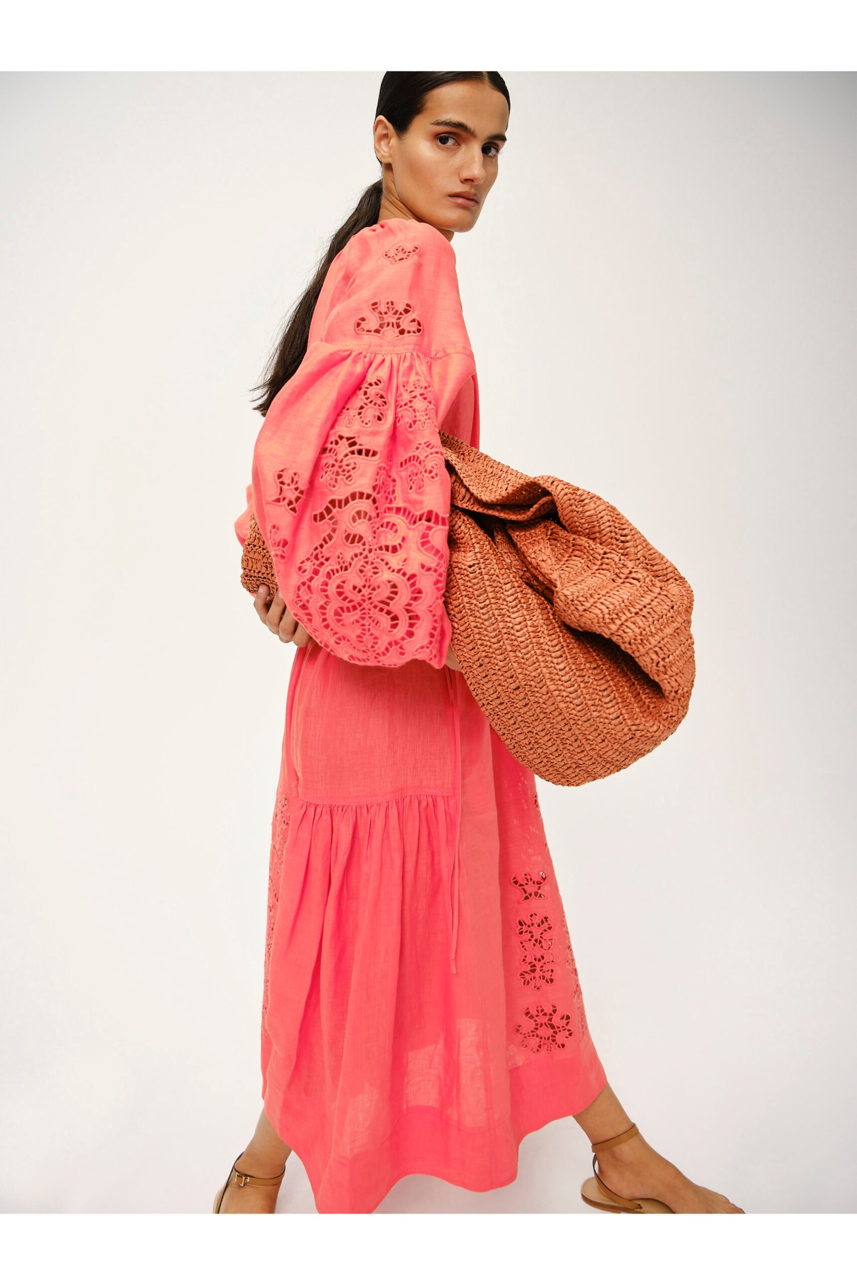 pink cotton long-sleeve v-neck relaxed embroidered tiered dress