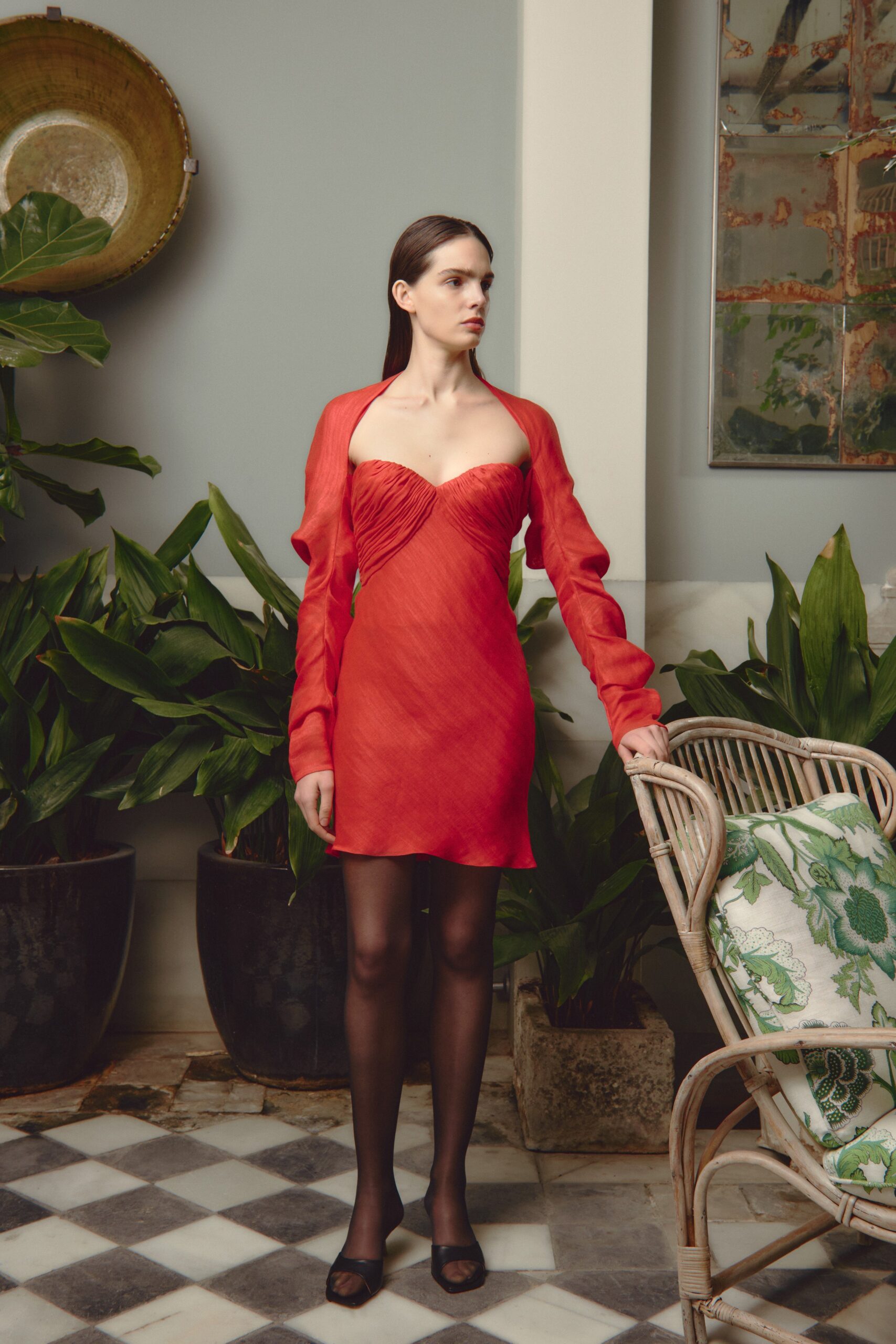 red silk mini dress with jacket