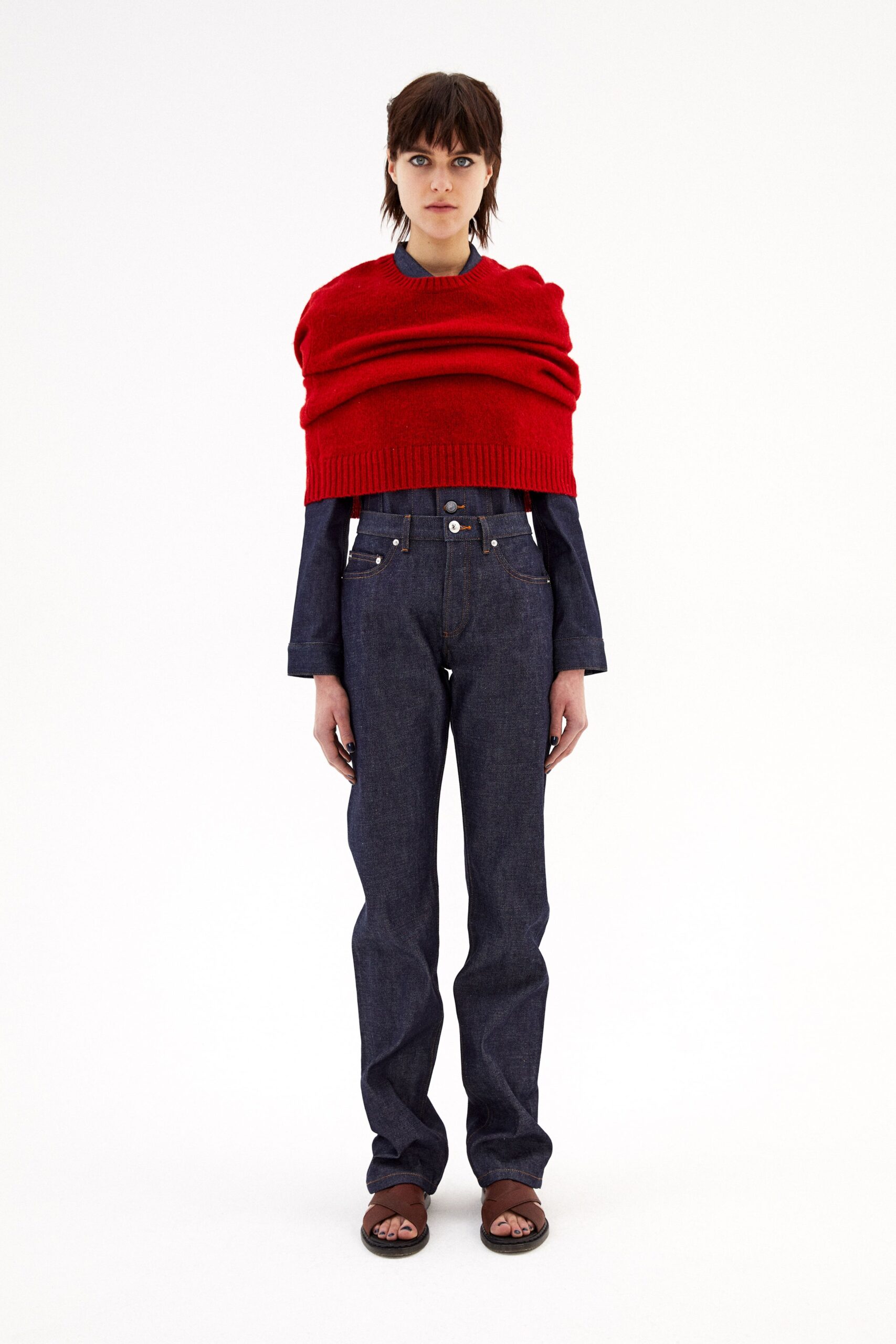 red wool sweater with blue shirt