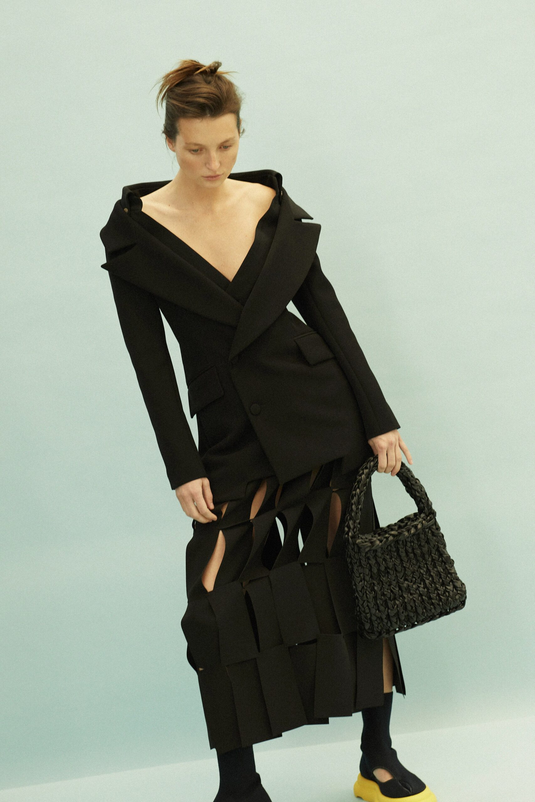 black cotton long-sleeve collared structured coat