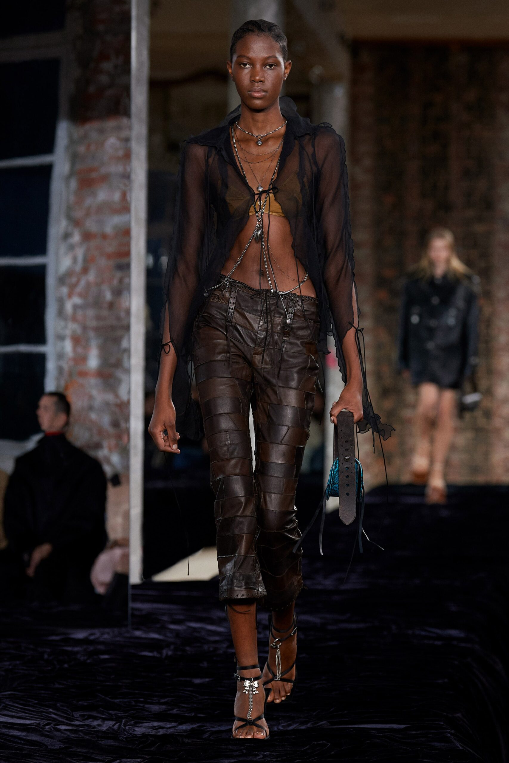 brown leather slim zippered pants