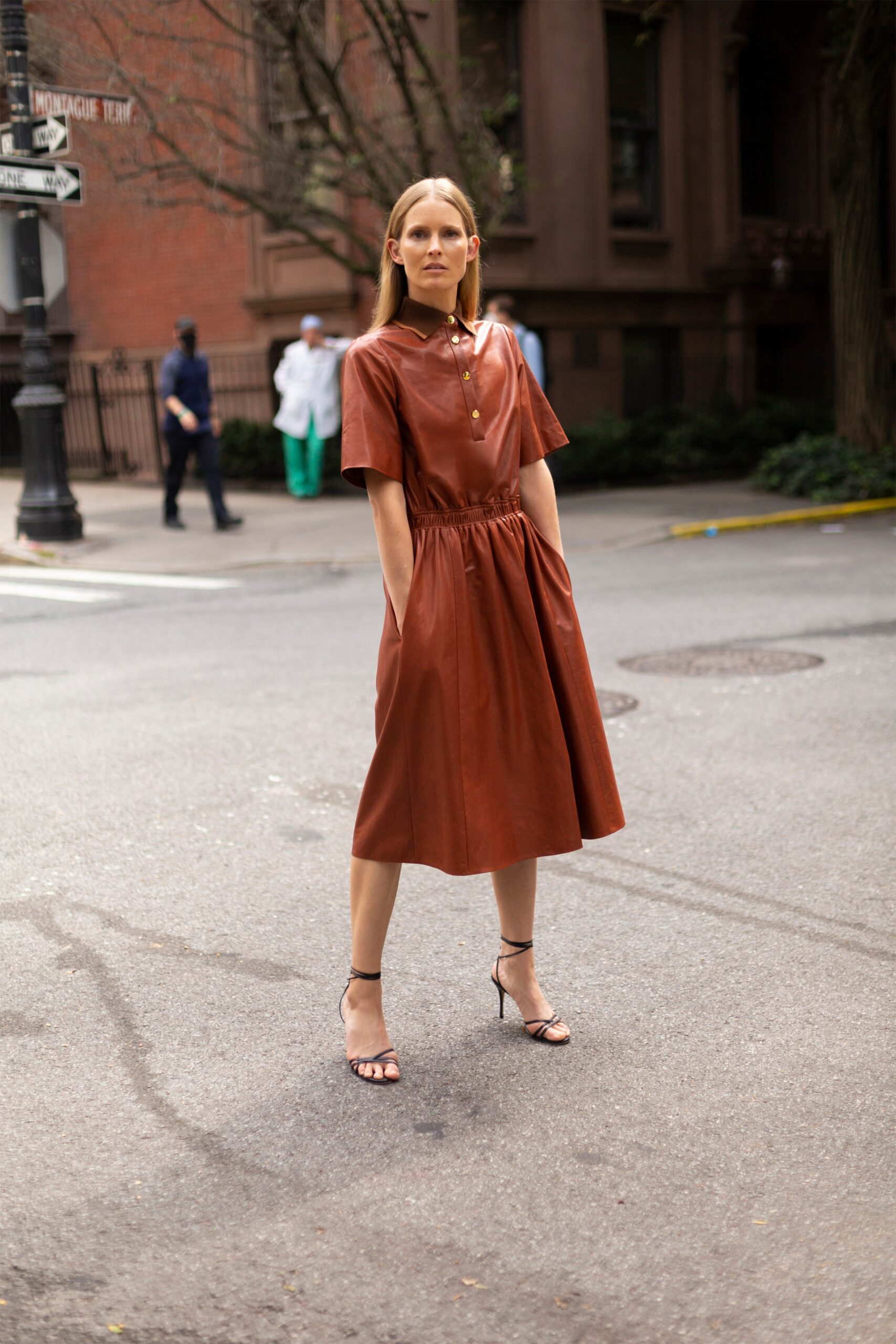 brown leather short-sleeve collared fitted a-line pockets dress
