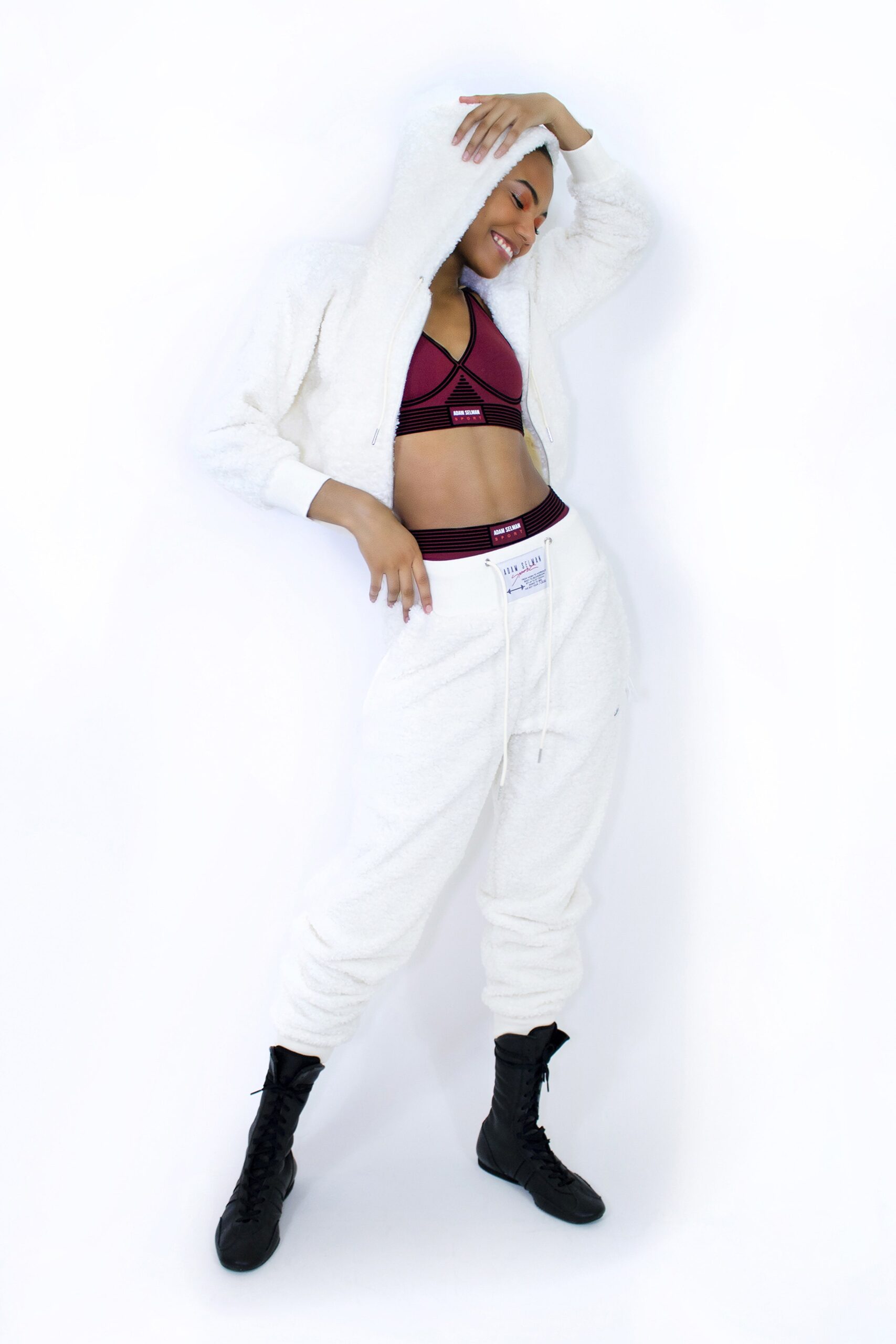 white faux-fur hoodie and pants