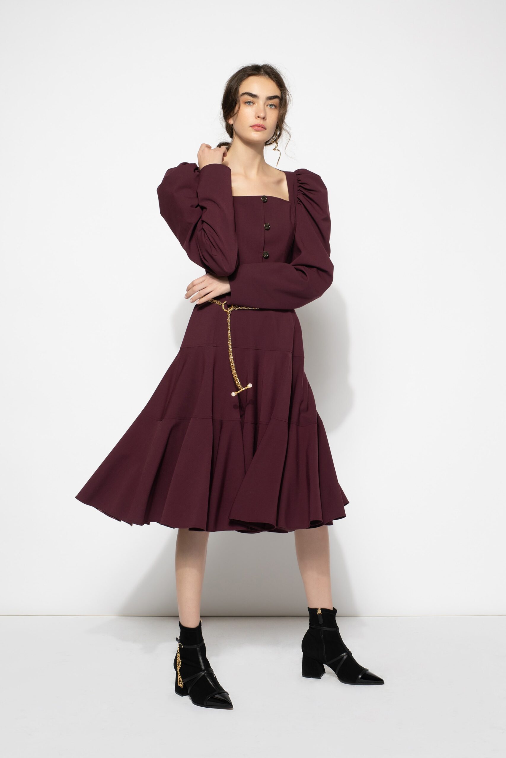 maroon cotton long-sleeve square-neck fitted pleated buttoned dress
