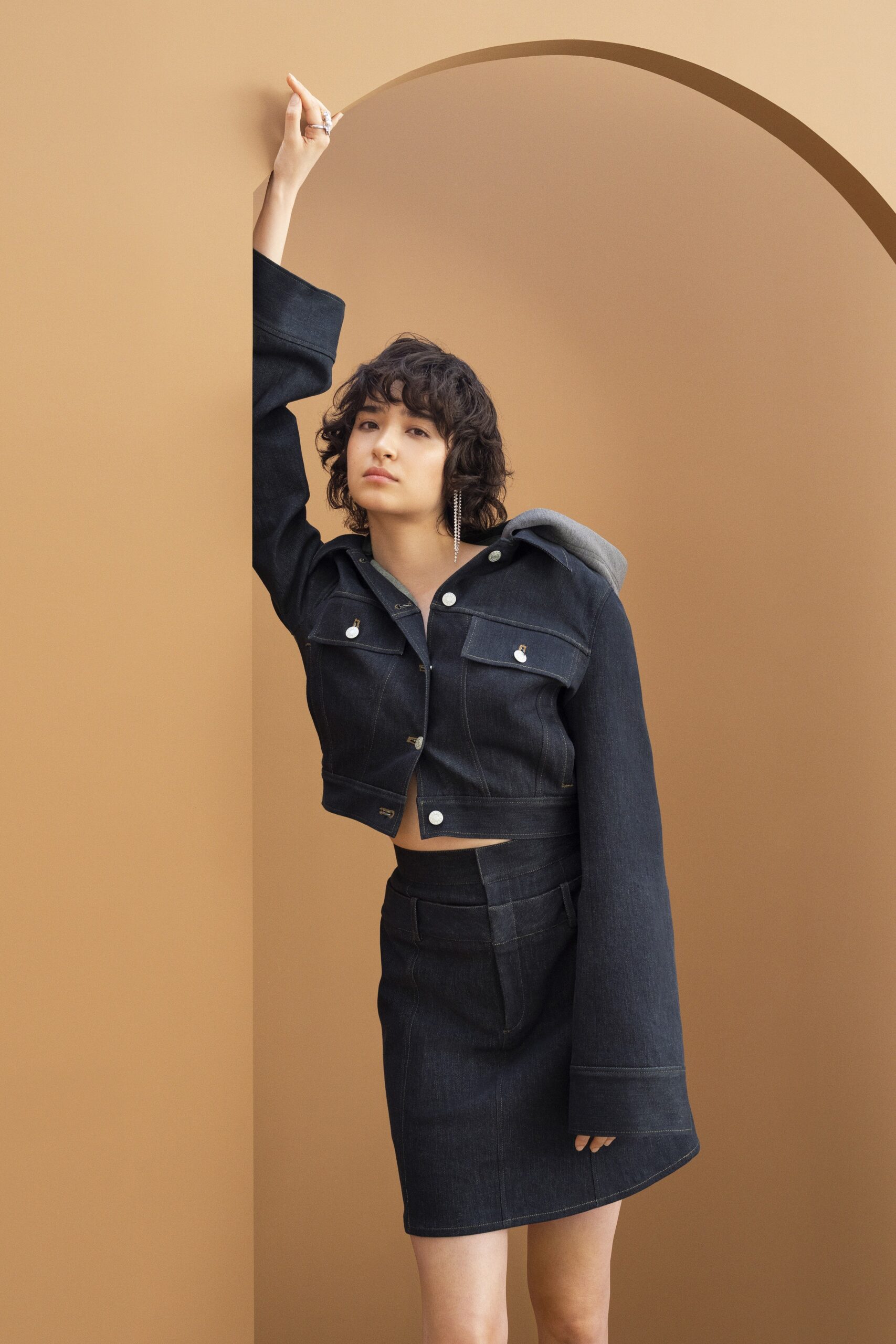 fitted denim jacket and skirt