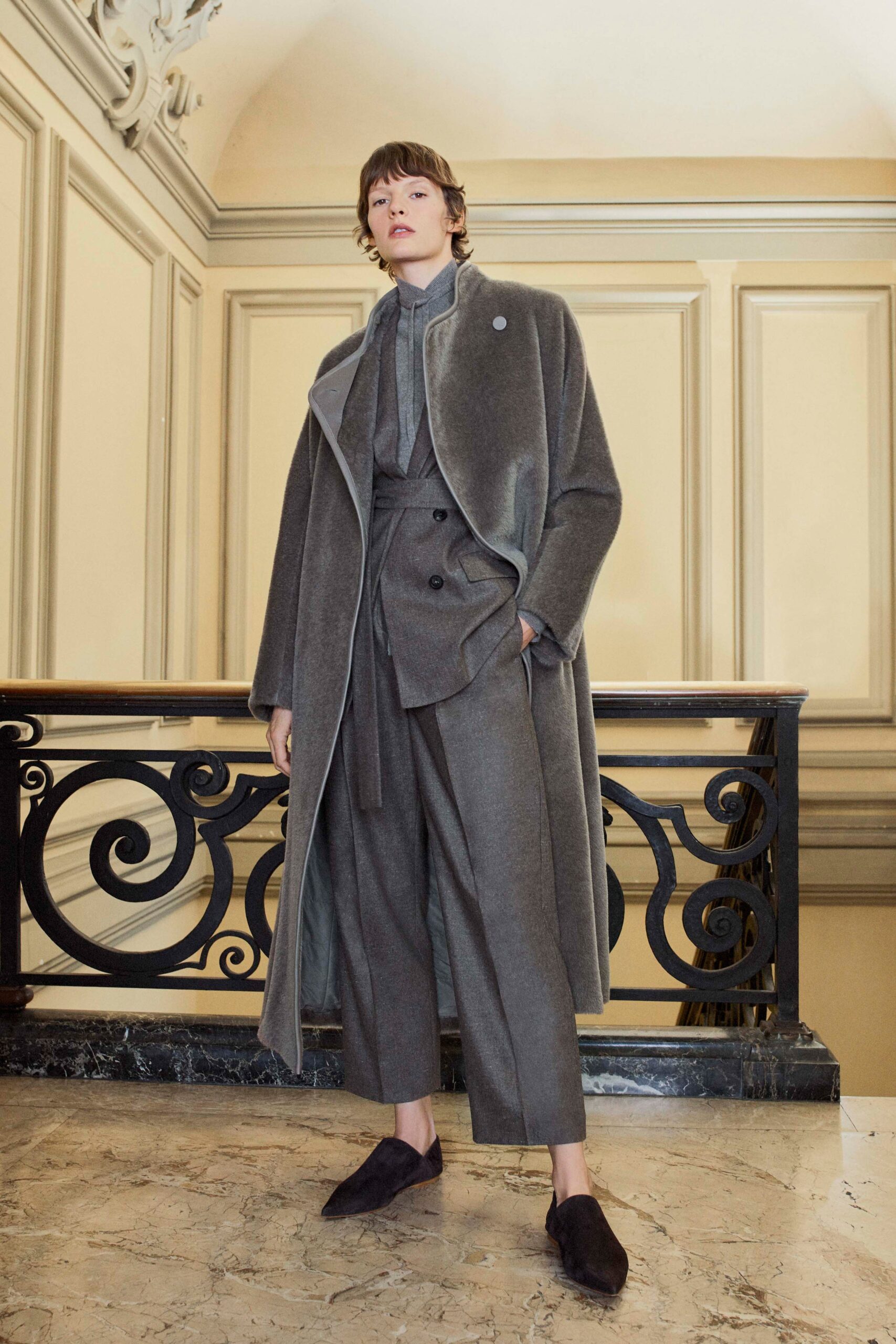 gray wool long-sleeve collared relaxed draped maxi coat