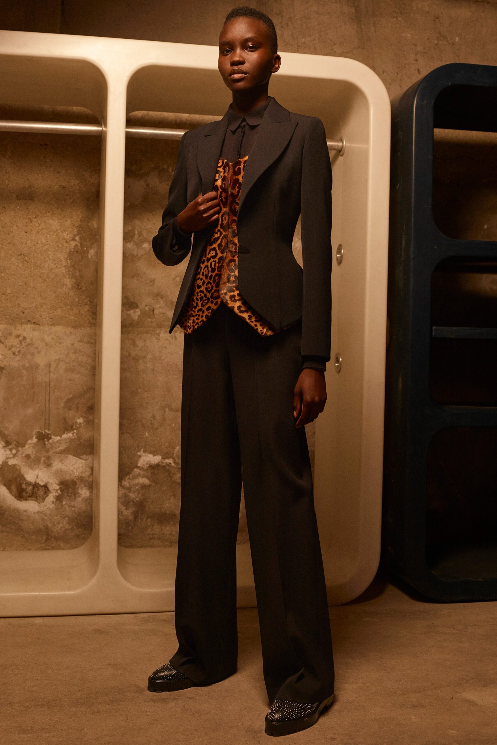 black tailored suit with printed shirt