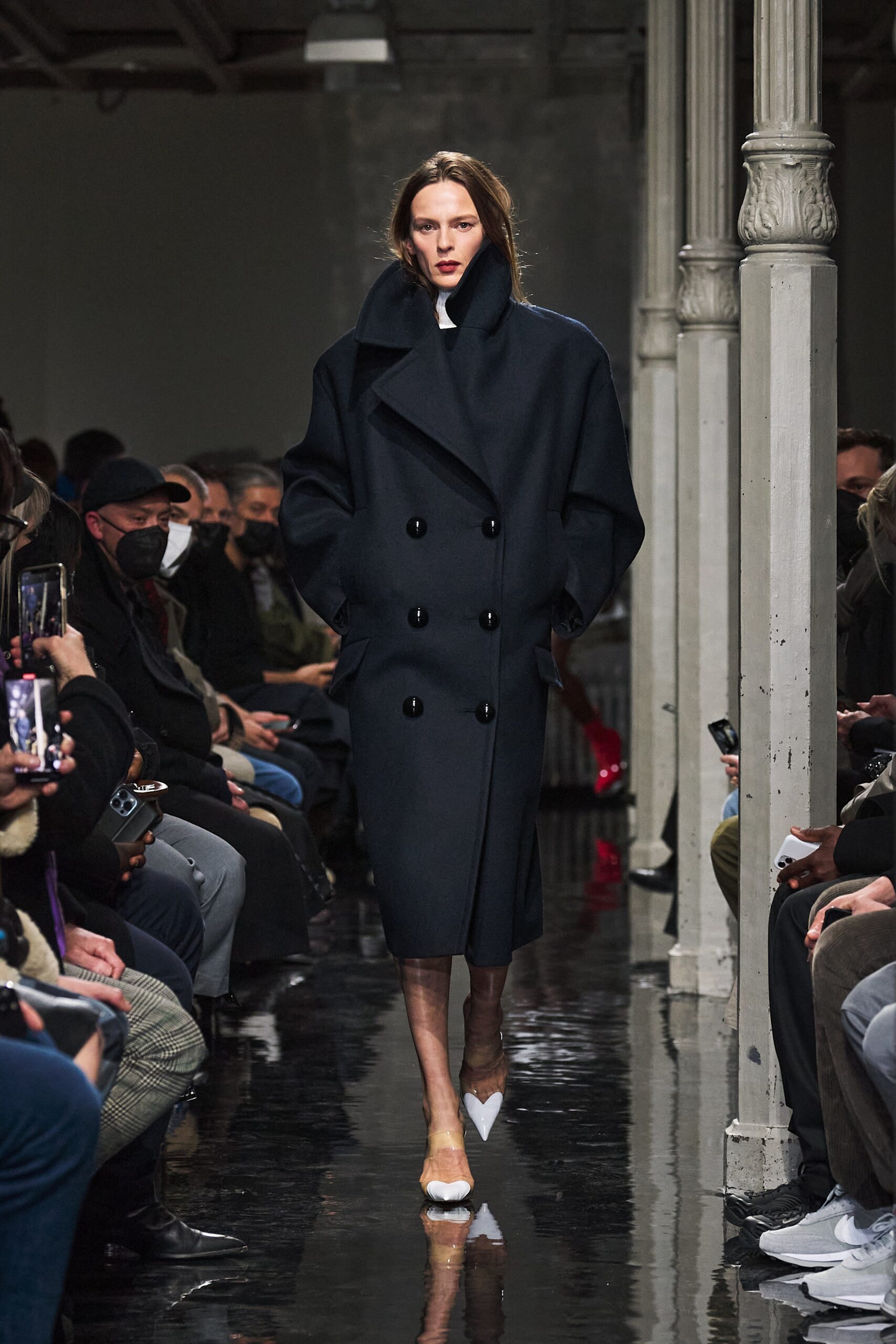 black wool long-sleeve collared oversized buttoned midi coat