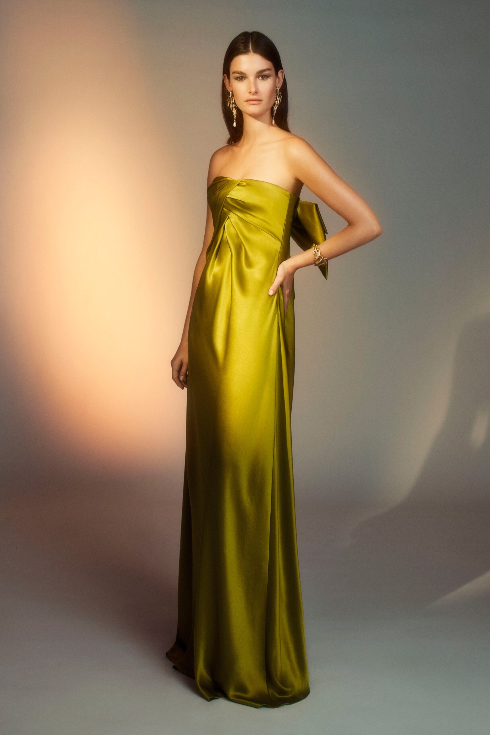 green silk strapless gown