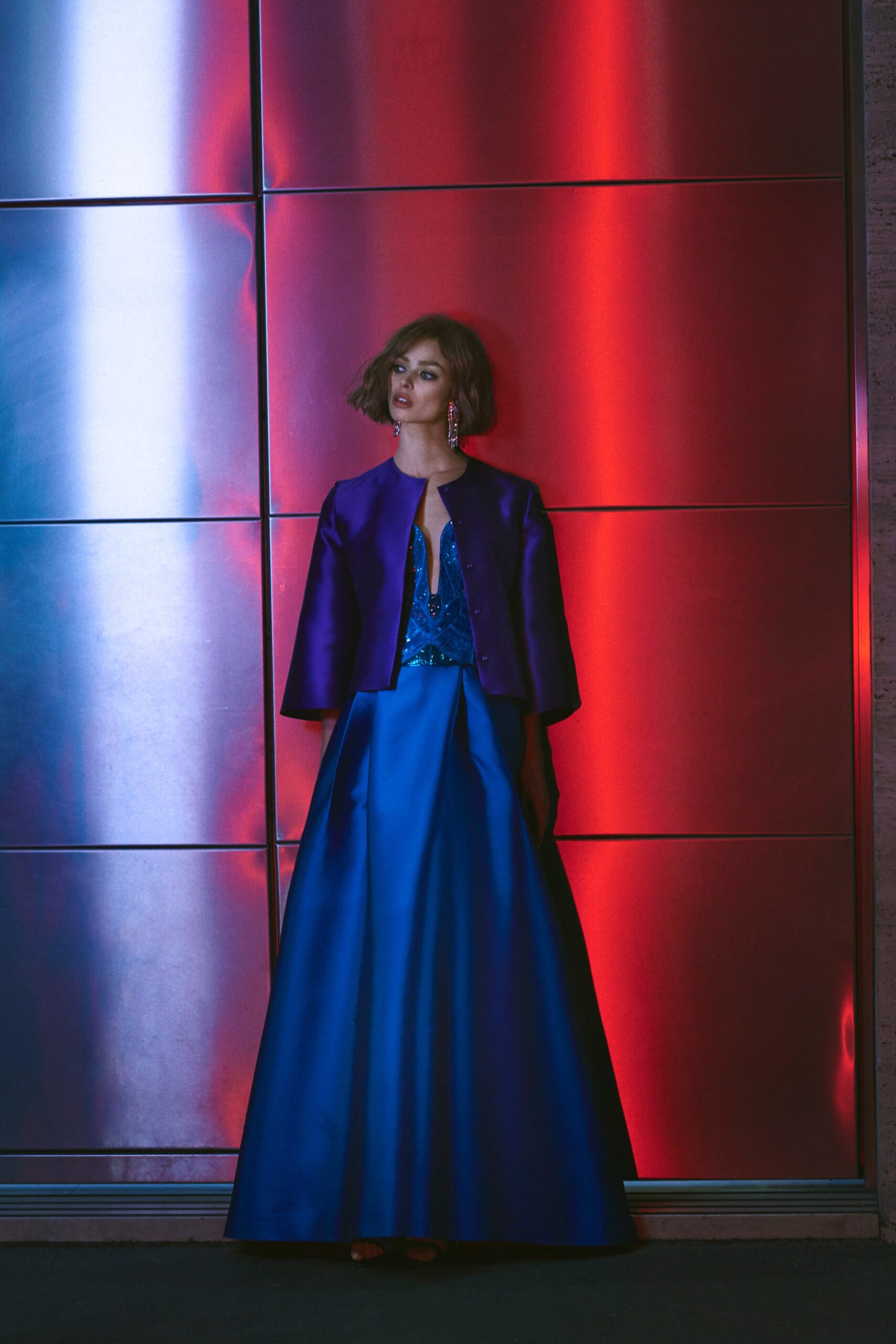 purple satin long-sleeve collared structured buttoned jacket