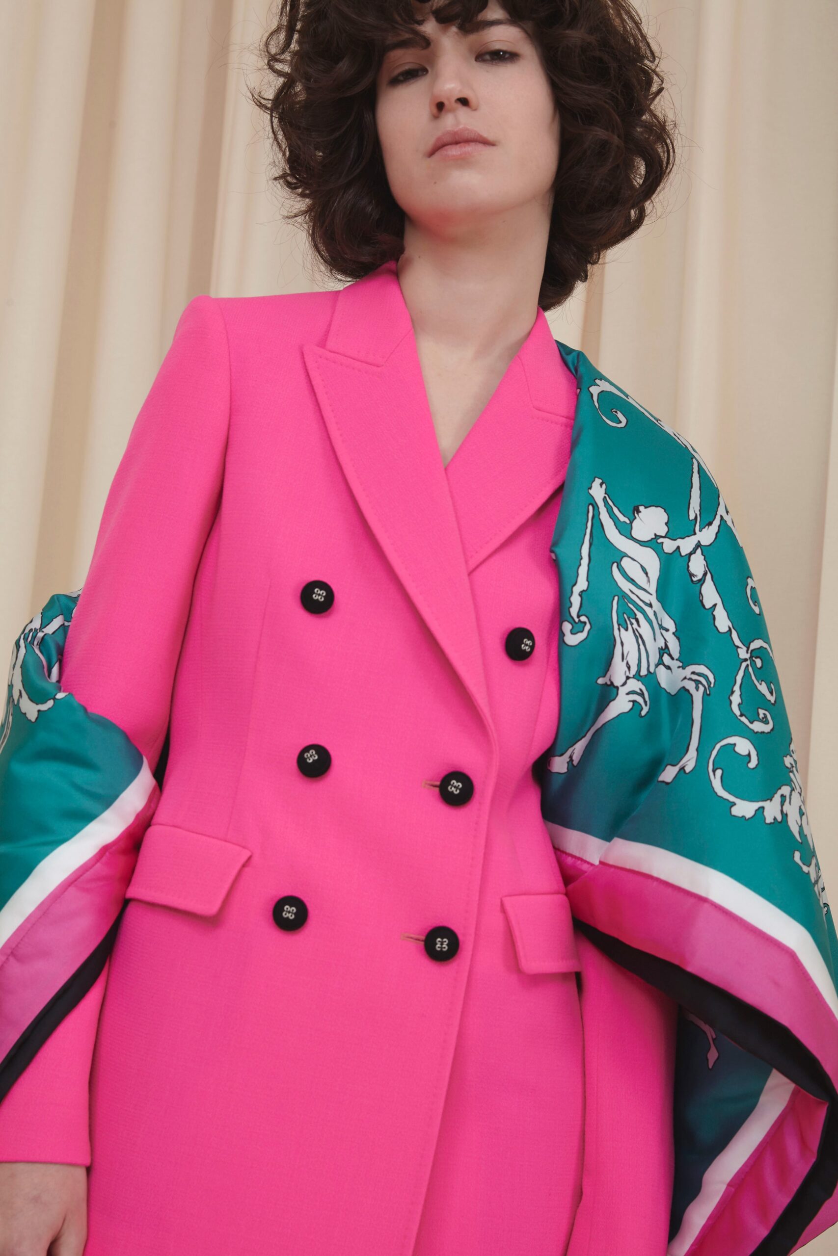 pink tailored blazer with scarf