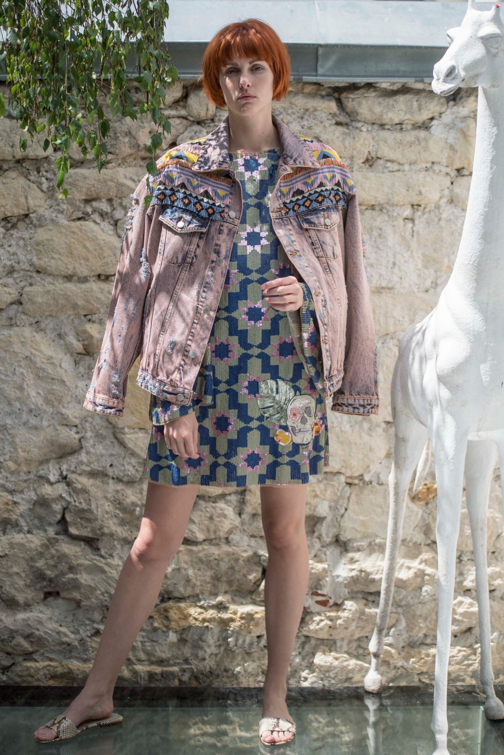 pink denim long-sleeve collared relaxed embroidered jacket