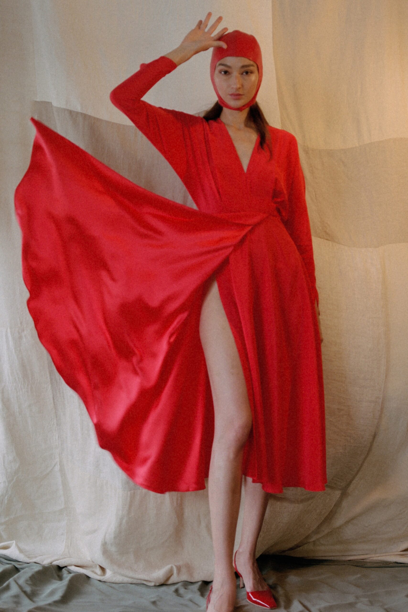 red silk fitted dress