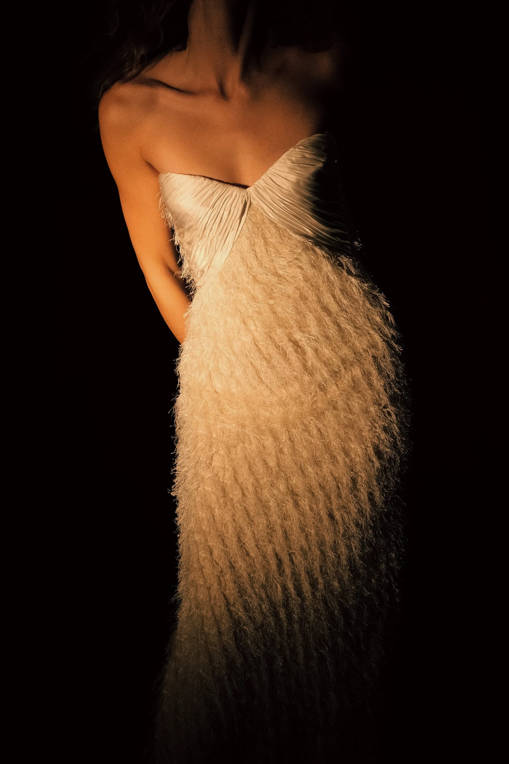 white silk strapless gown