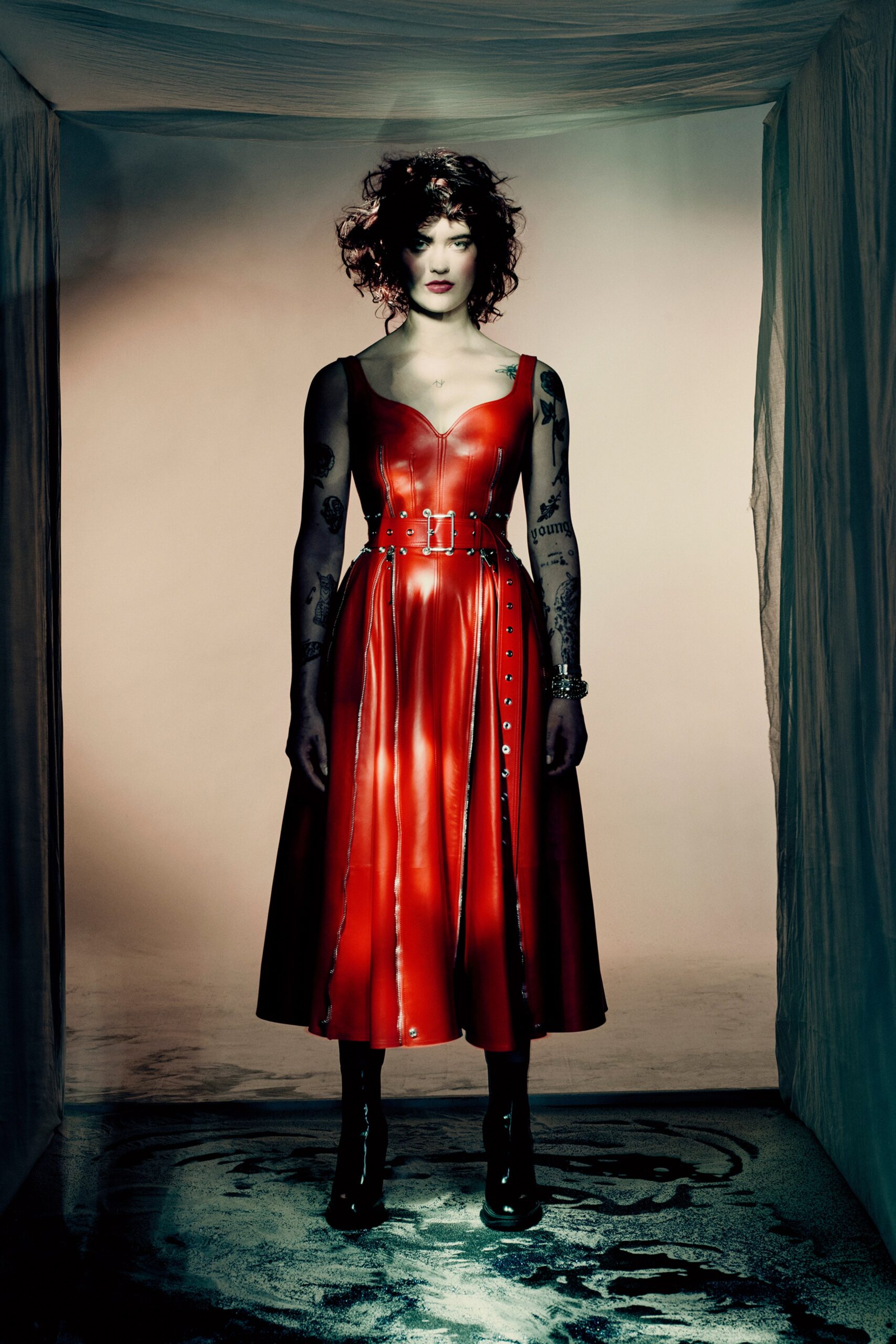 fitted red leather midi dress