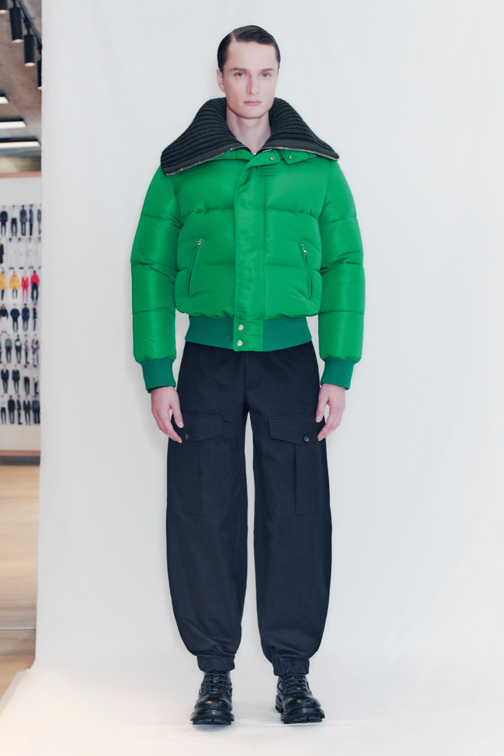 green vinyl long-sleeve collared fitted zippered jacket