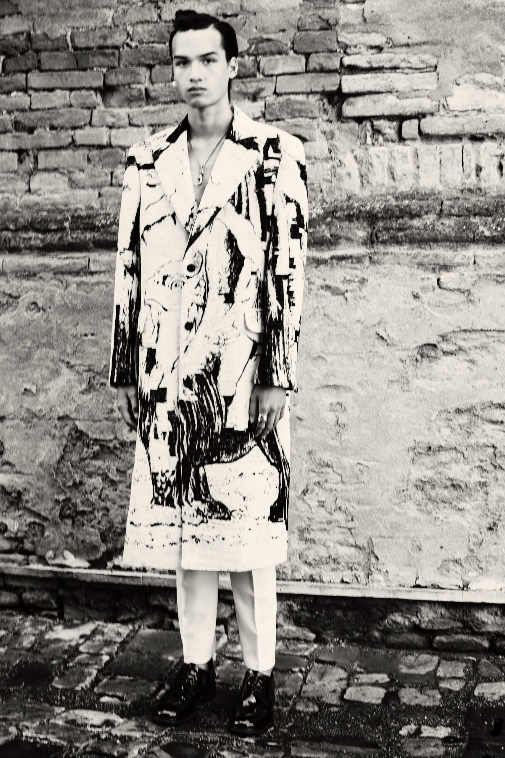 black and white printed coat