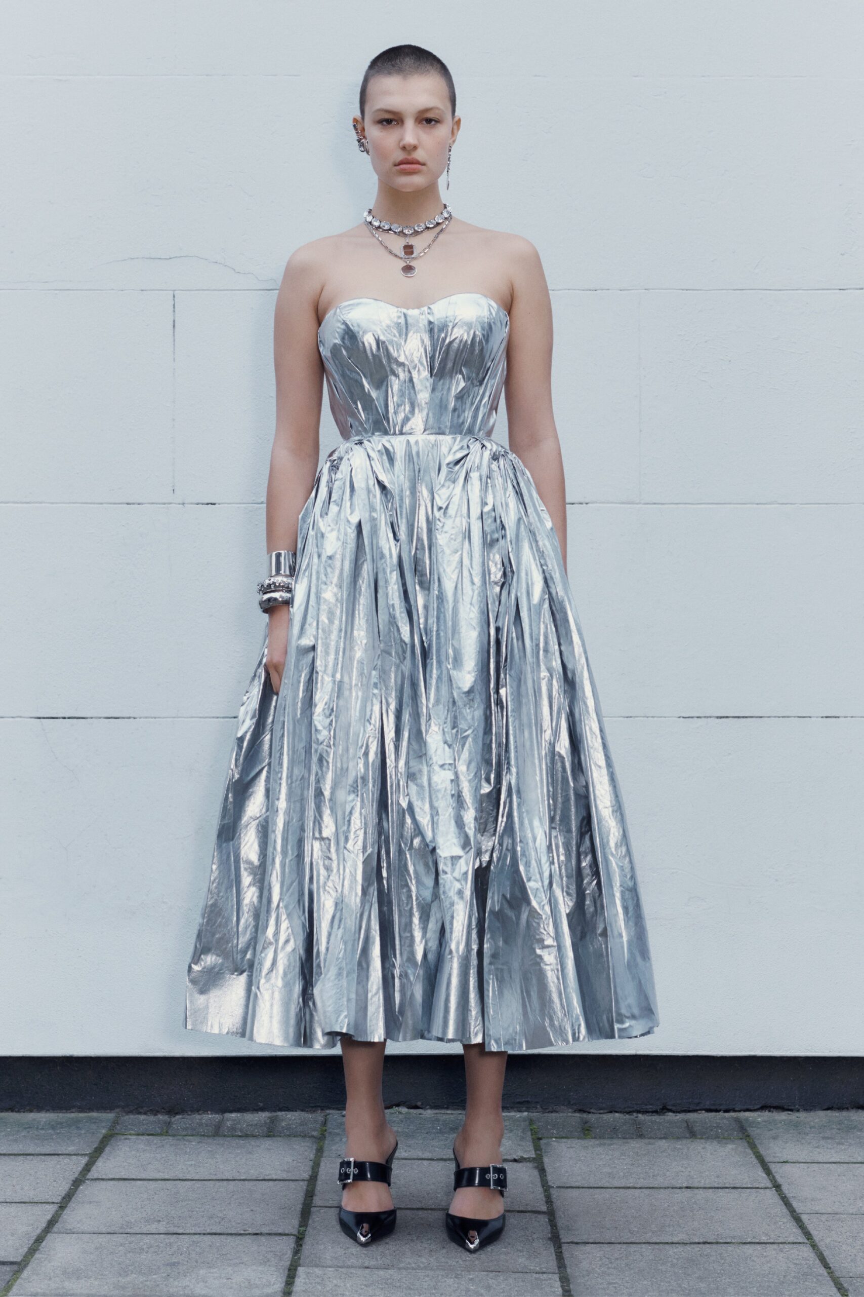 silver metallic strapless pleated dress