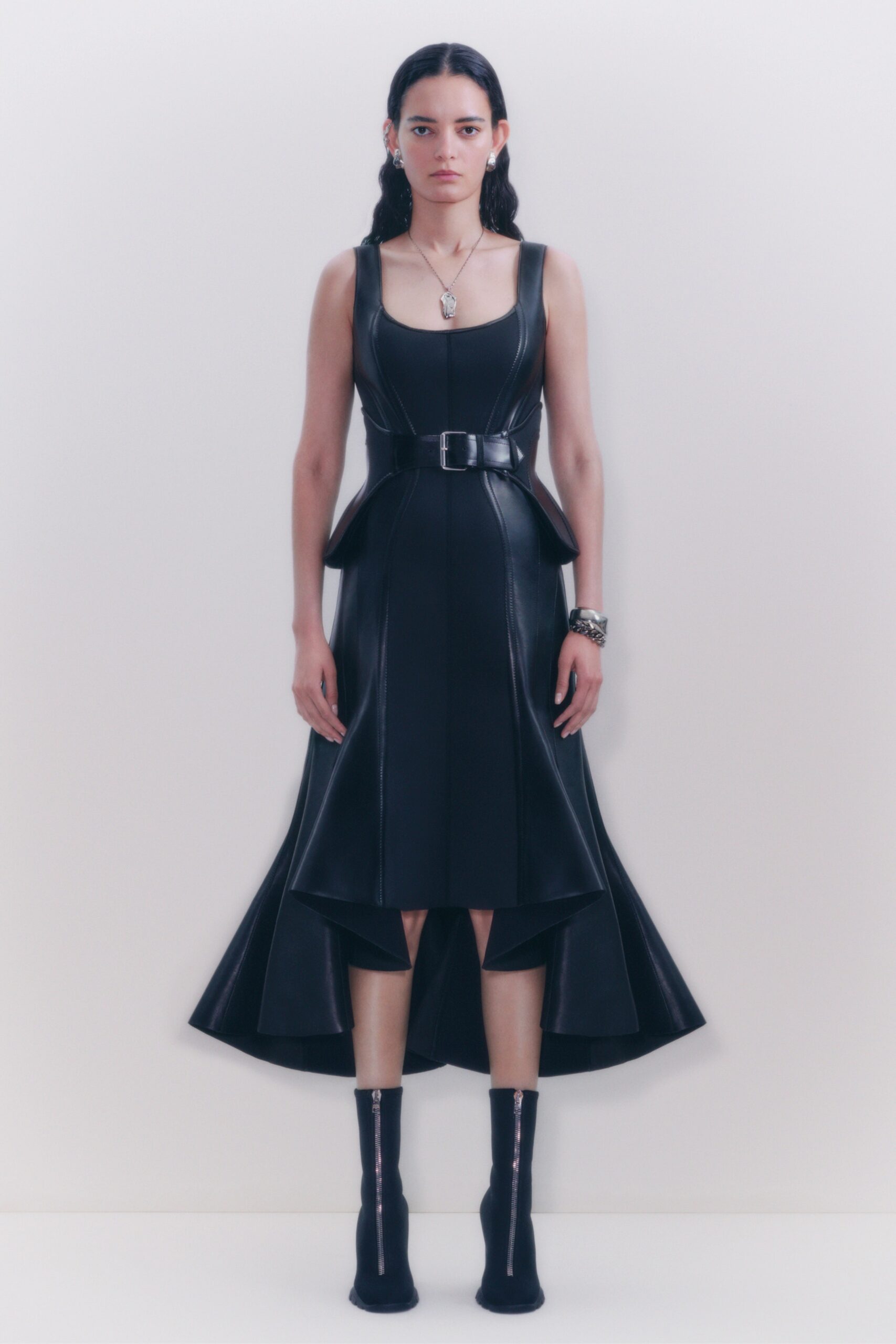 black leather sleeveless dress