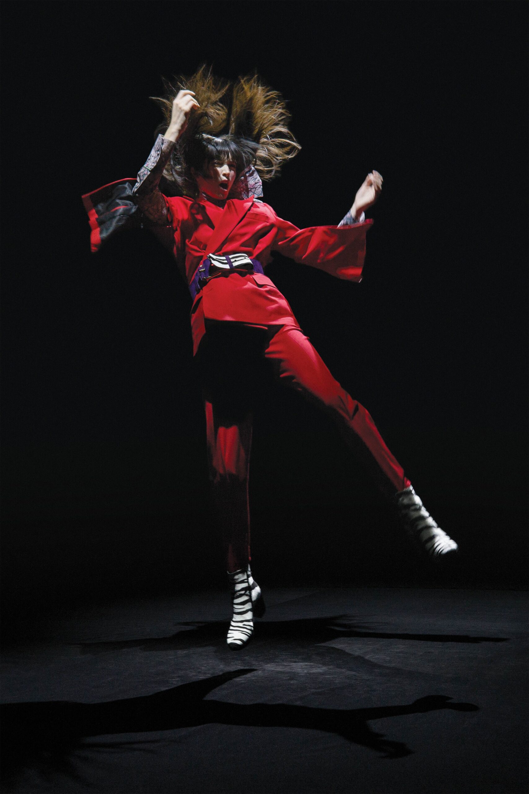 red silk long-sleeve v-neck fitted layered jacket