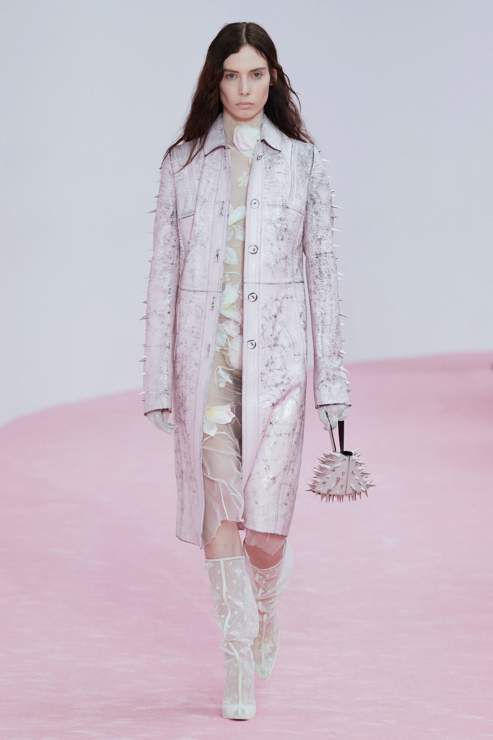 pink vinyl long-sleeve collared fitted zippered spiked coat