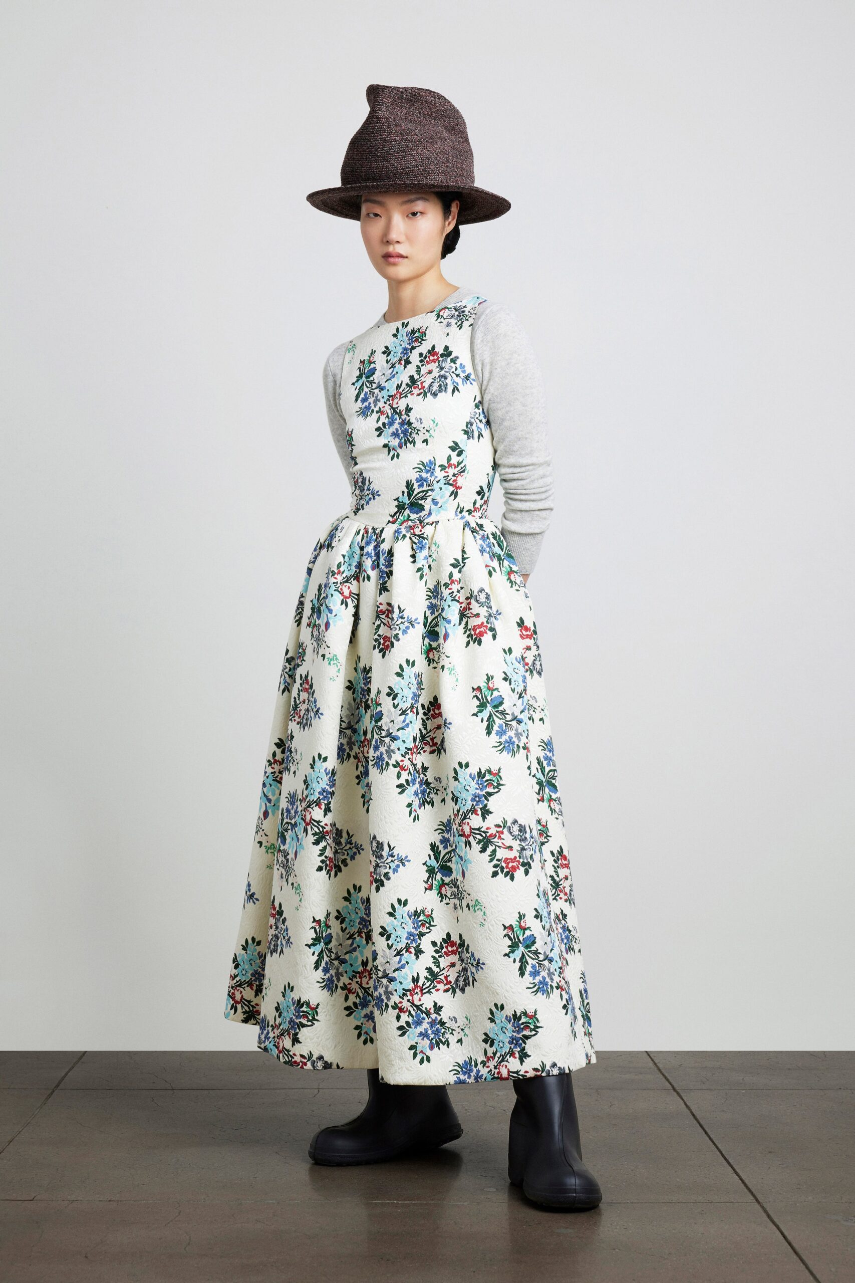 floral maxi dress with gray sweater