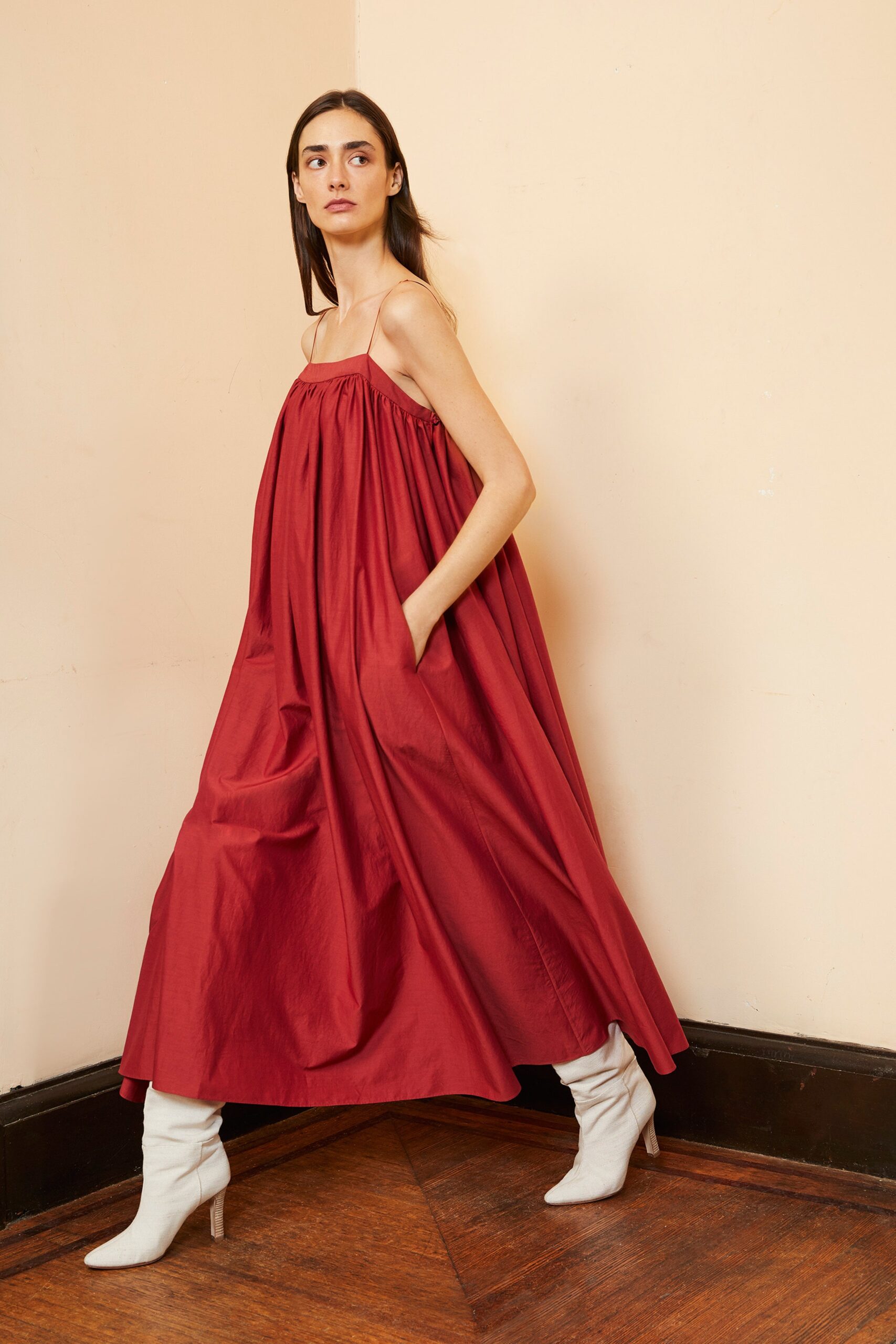 red cotton sleeveless high-neck relaxed tiered pockets dress