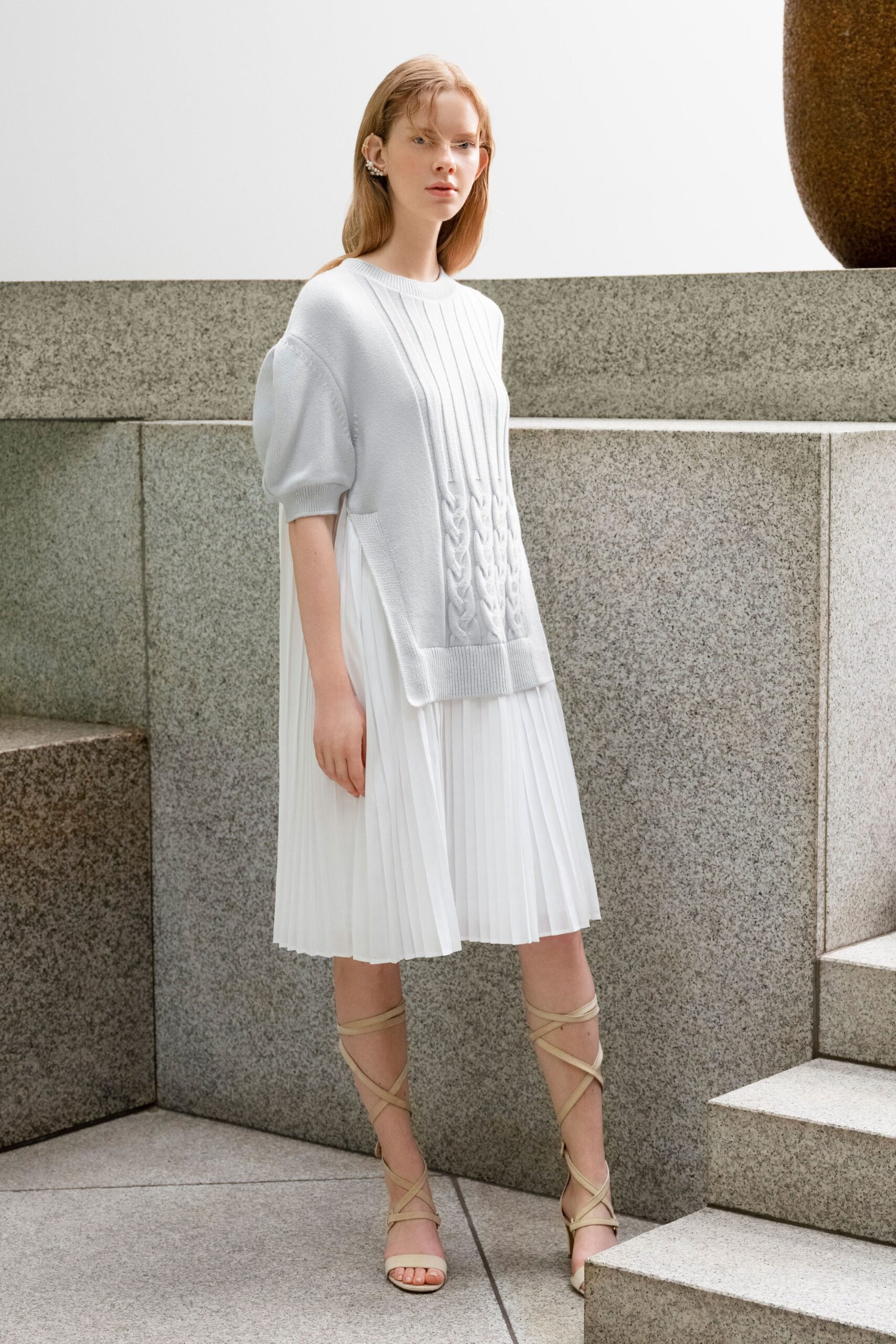white relaxed midi dress with strappy shoes