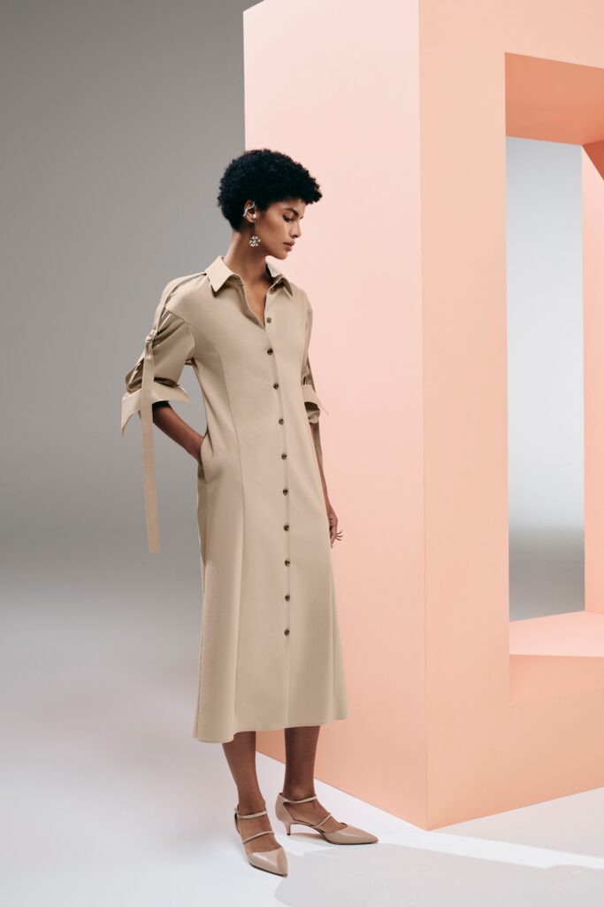 beige cotton shirt-dress with shoes