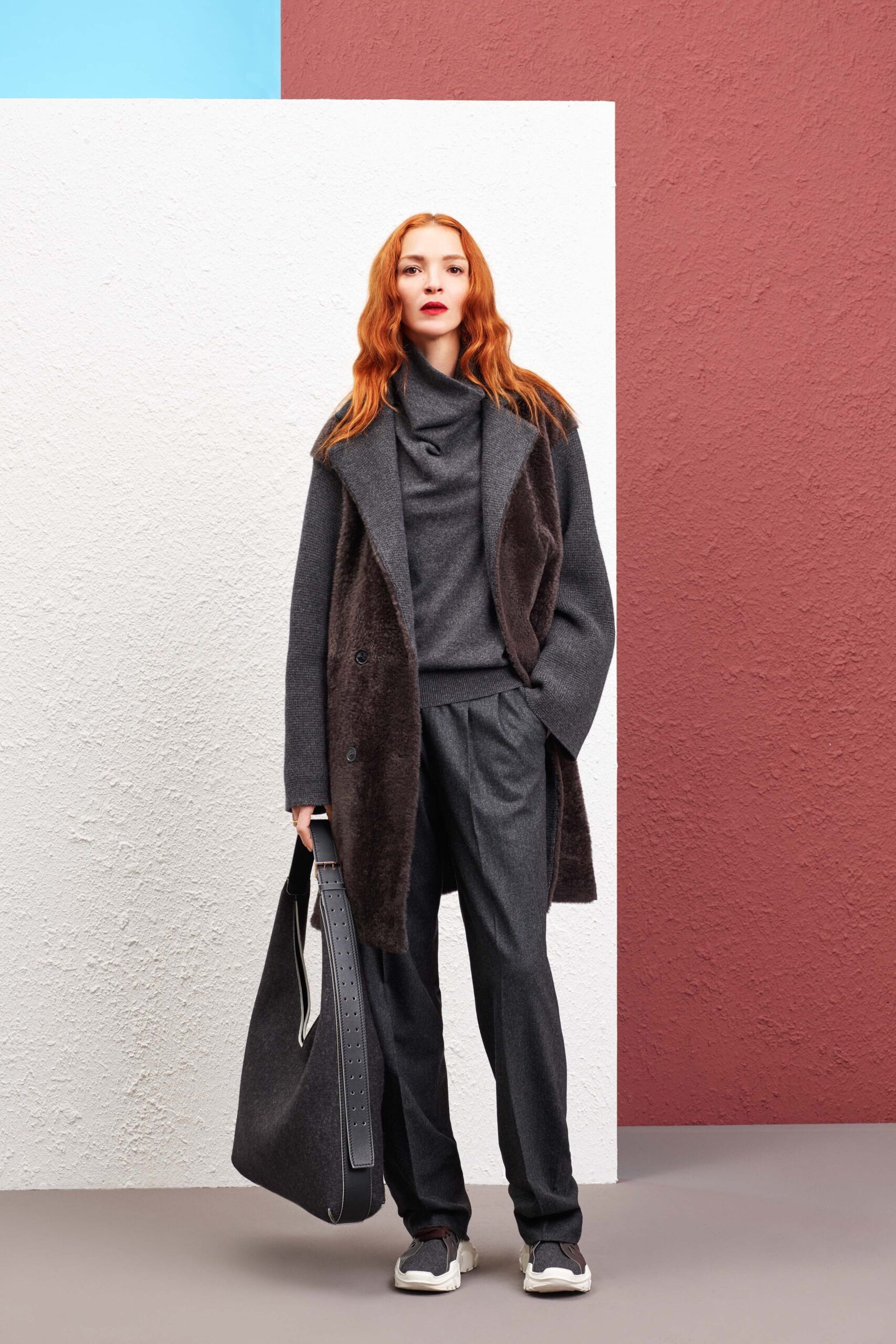 gray wool coat and tailored pants