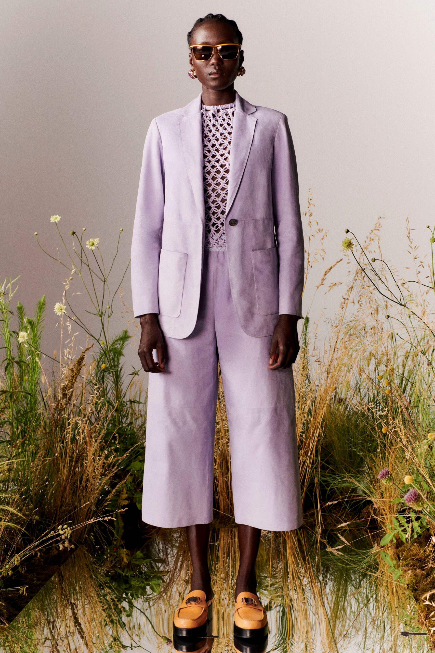 purple suede tailored blazer and pants