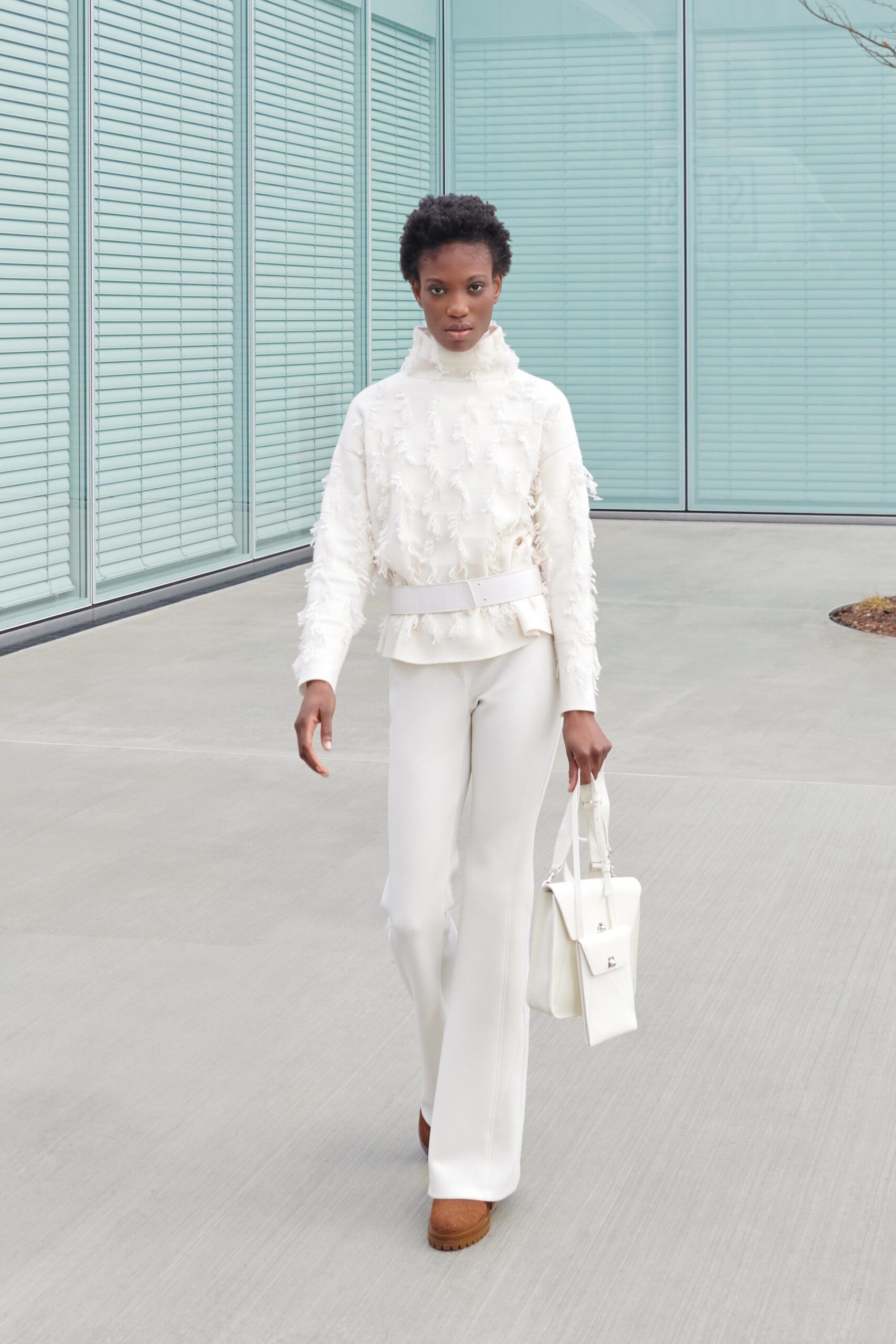white cotton long-sleeve high-neck fitted ruffled top