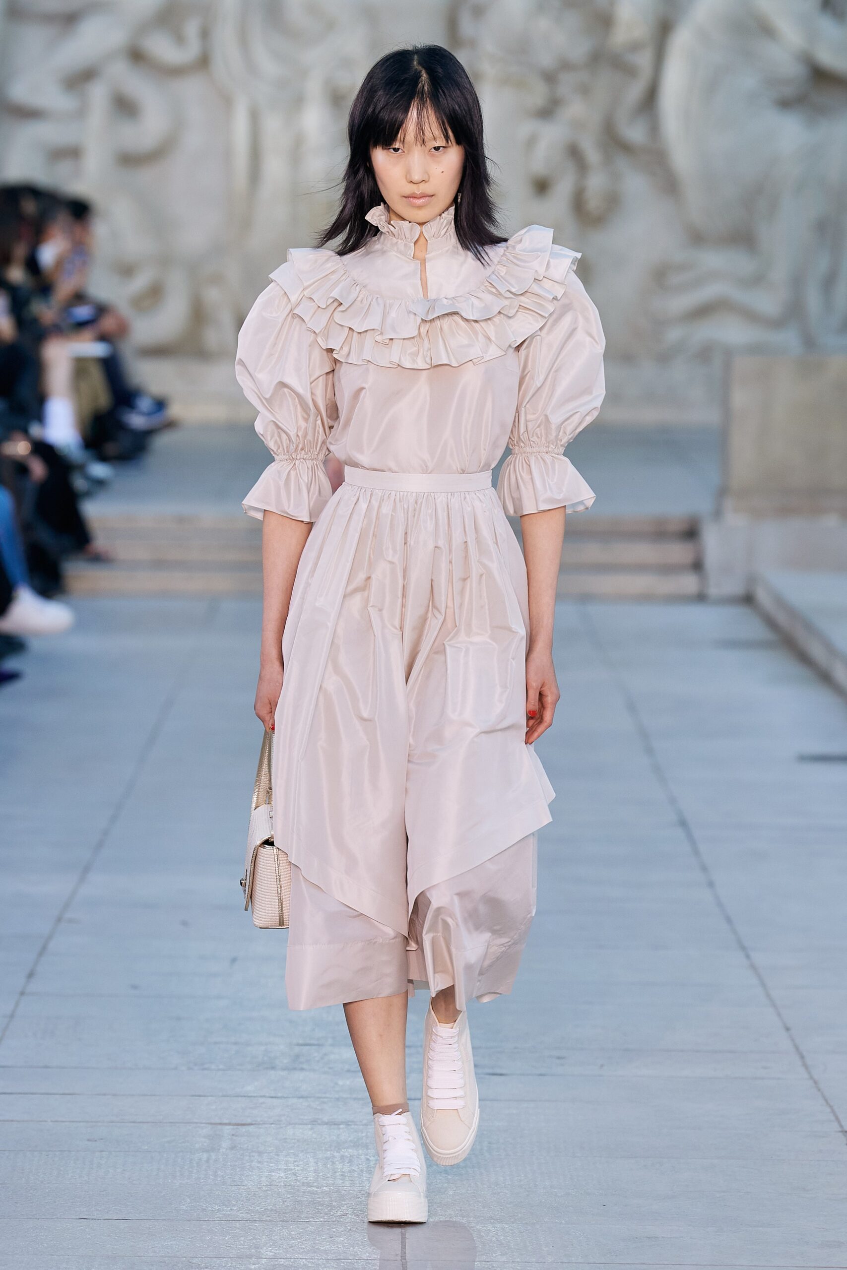 beige silk ruffled midi dress