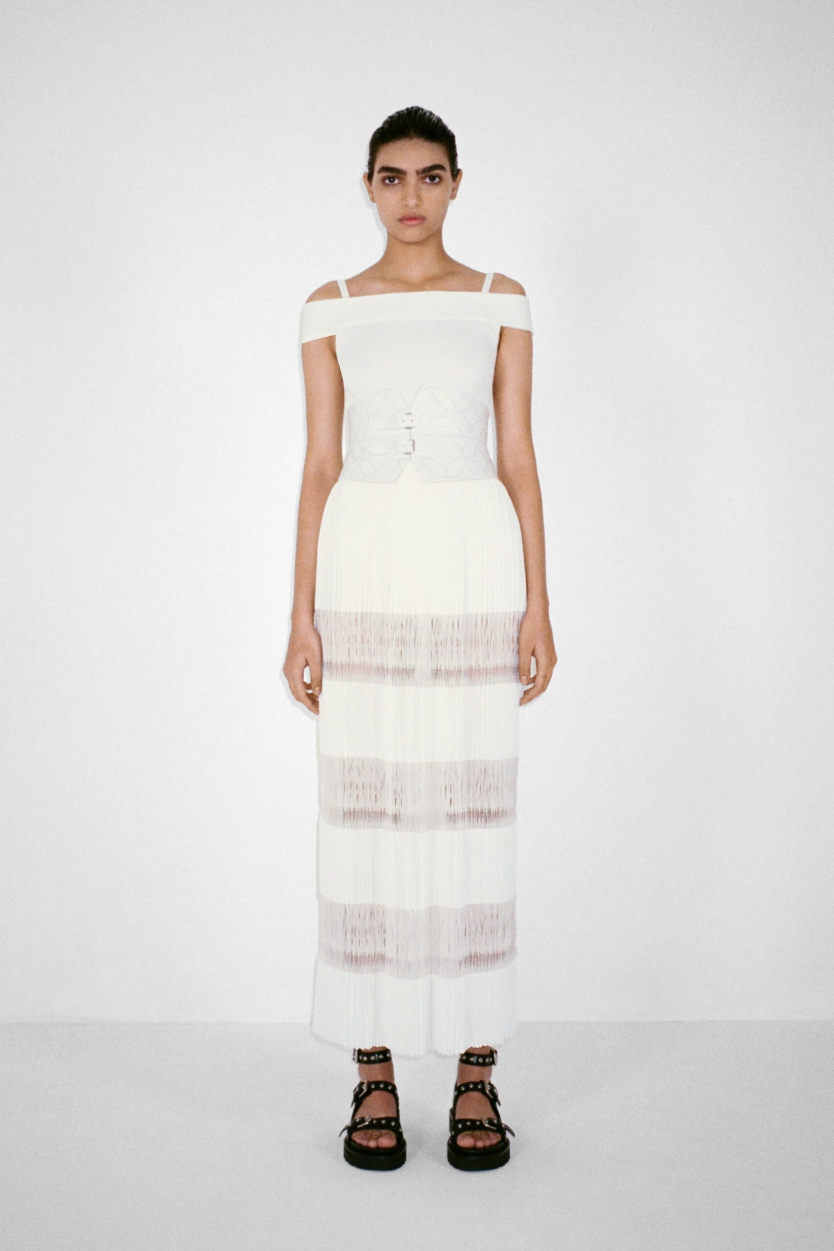 white pleated off-shoulder dress