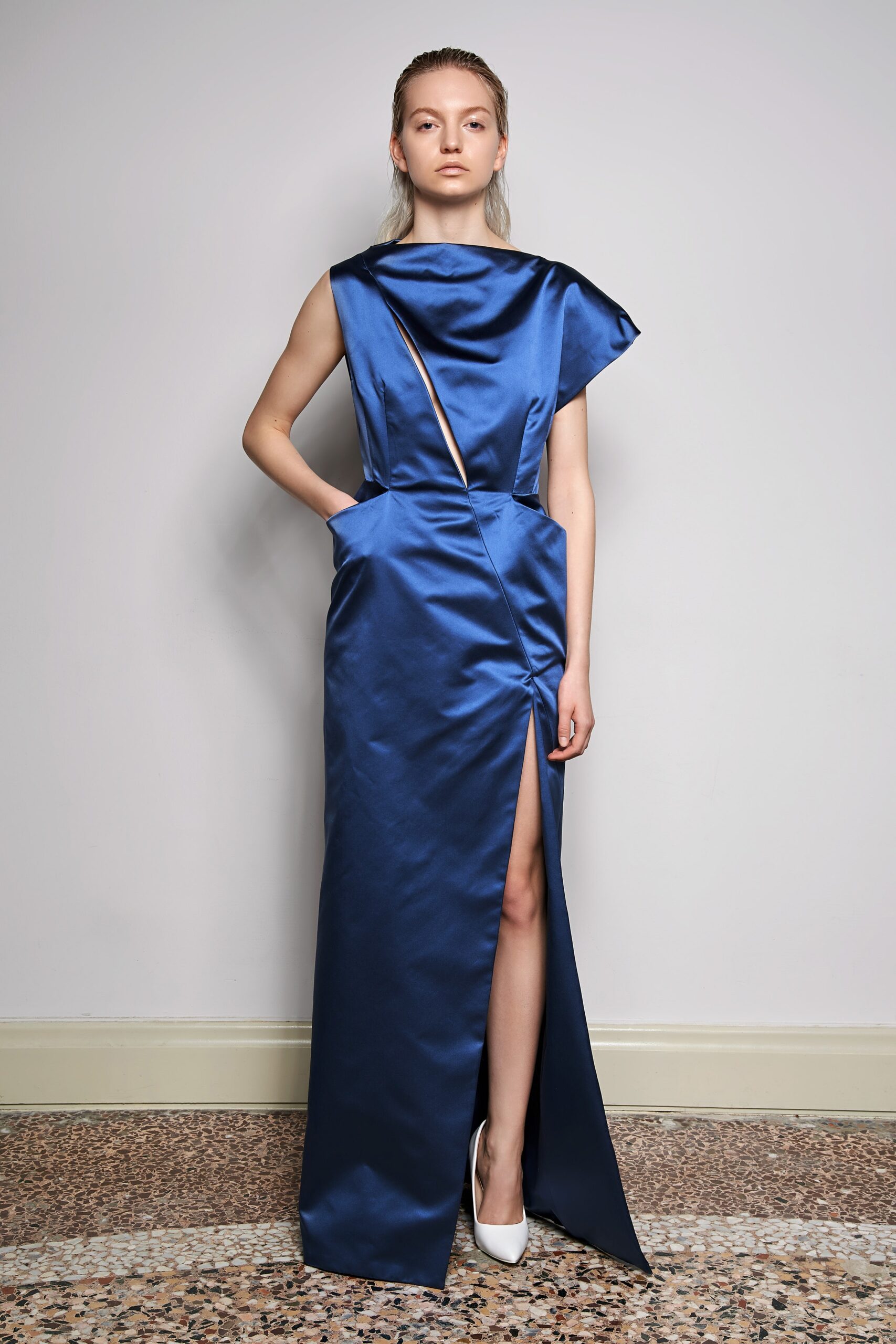 blue satin fitted gown