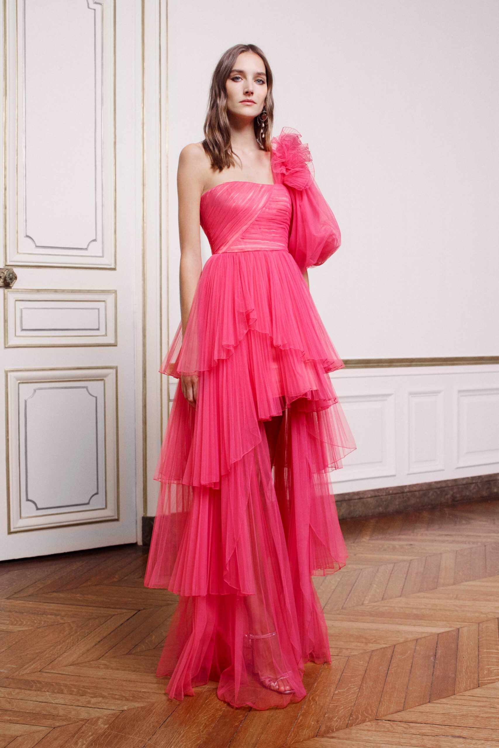 pink tiered asymmetric gown