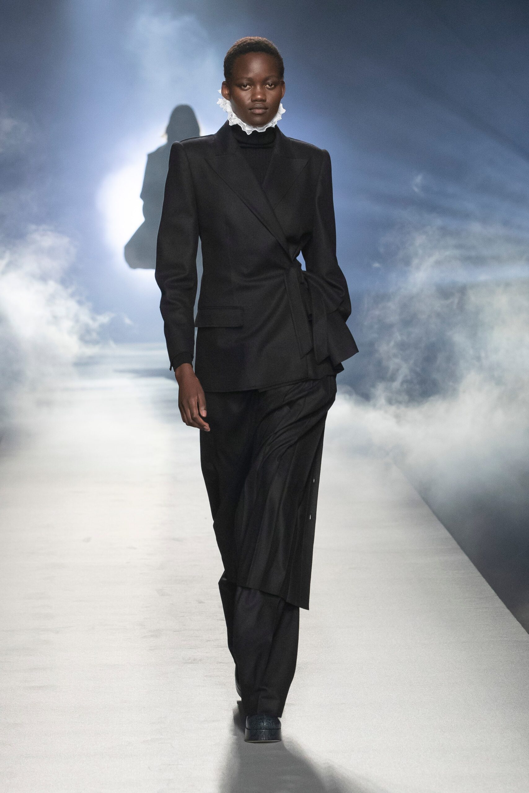black wool long-sleeve collared tailored belted blazer