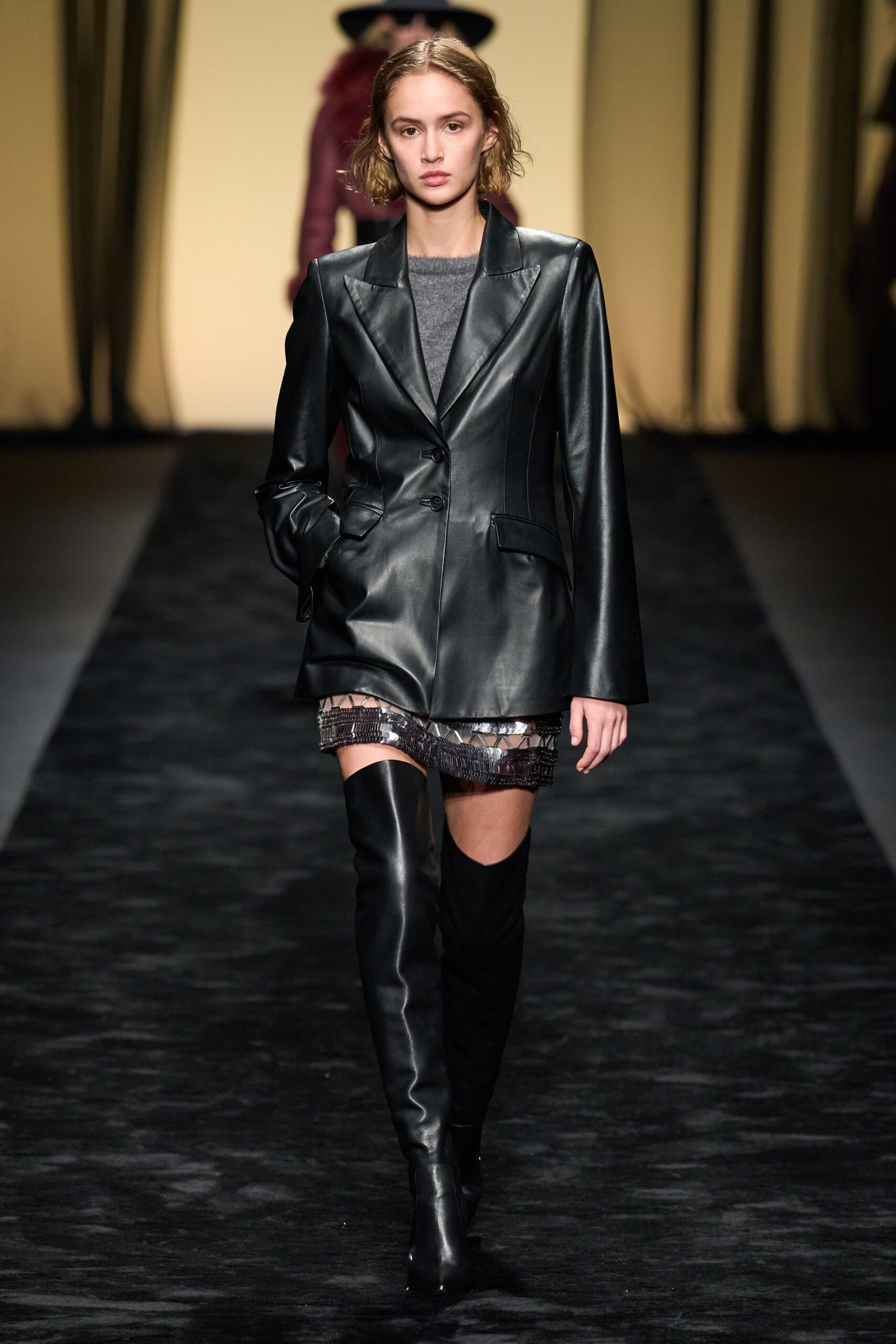 black leather blazer and mini skirt