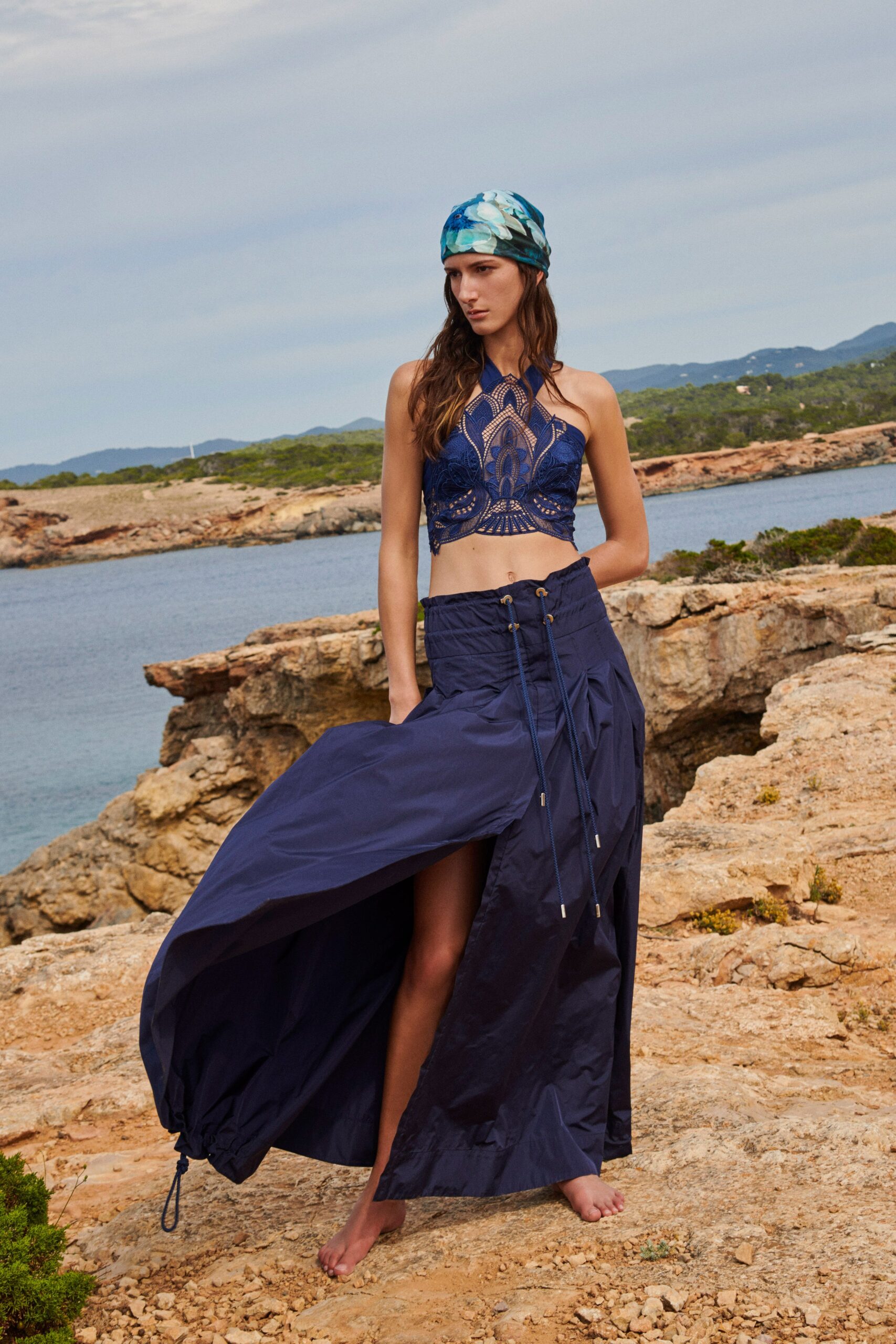 blue cotton sleeveless high-neck fitted embroidered crop-top
