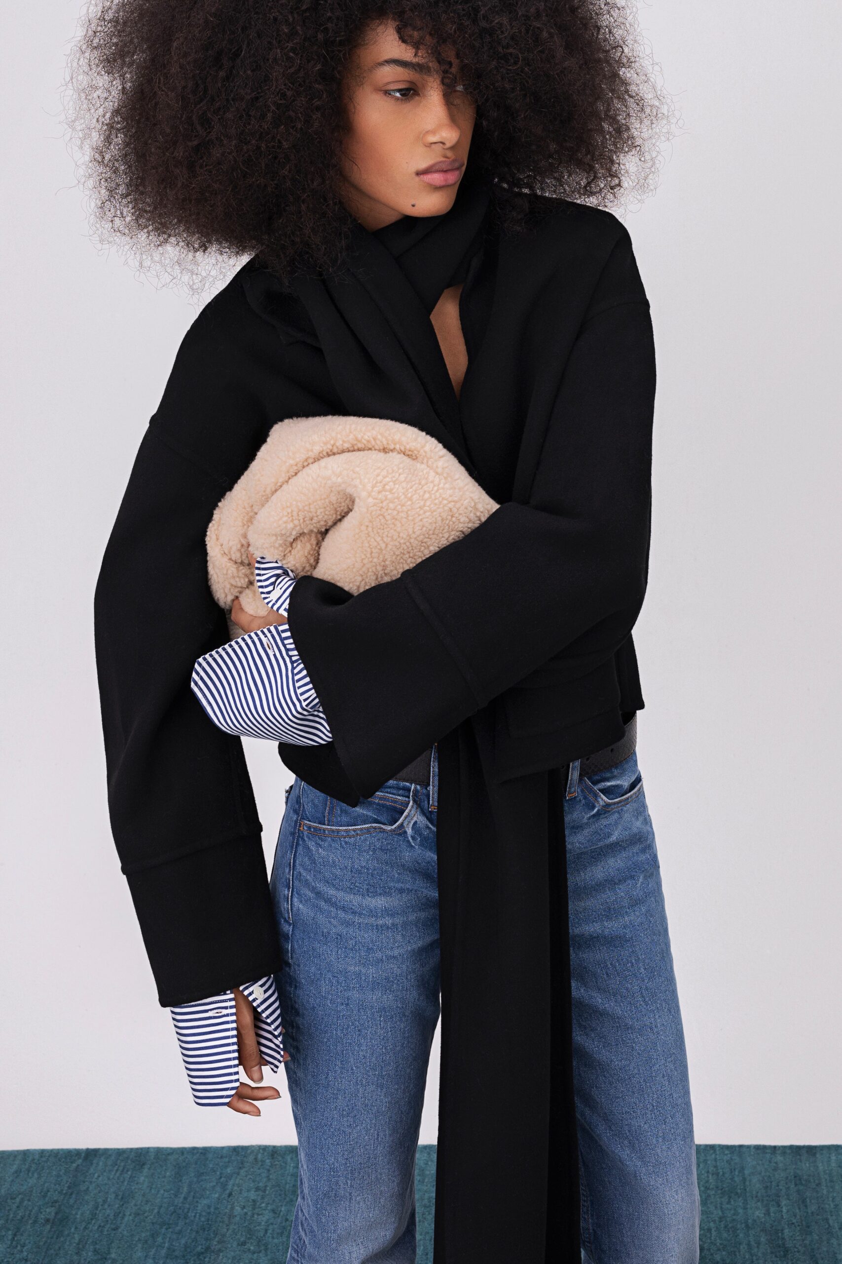 black cotton long-sleeve collared oversized layered jacket