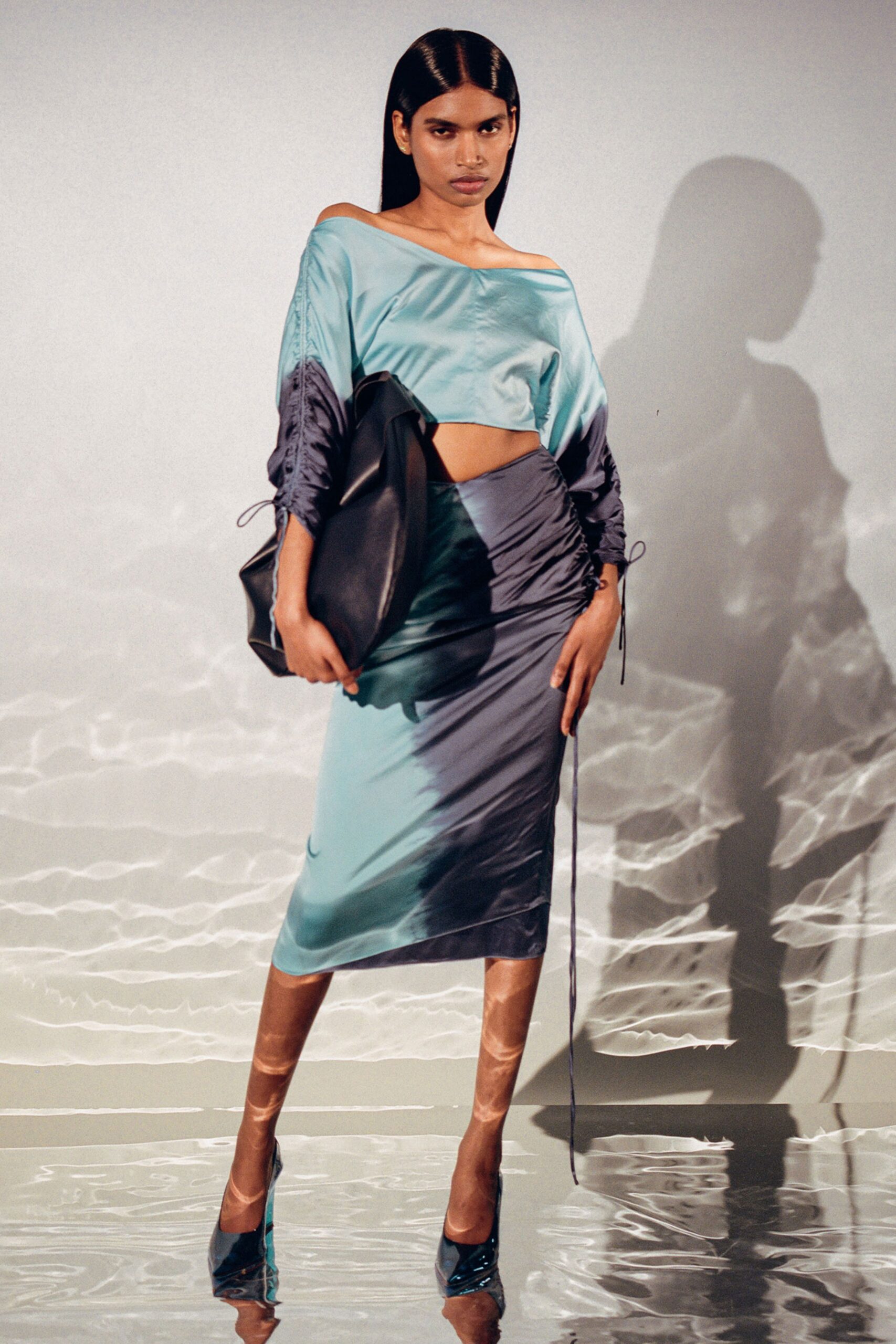 blue and gray silk top with pencil skirt