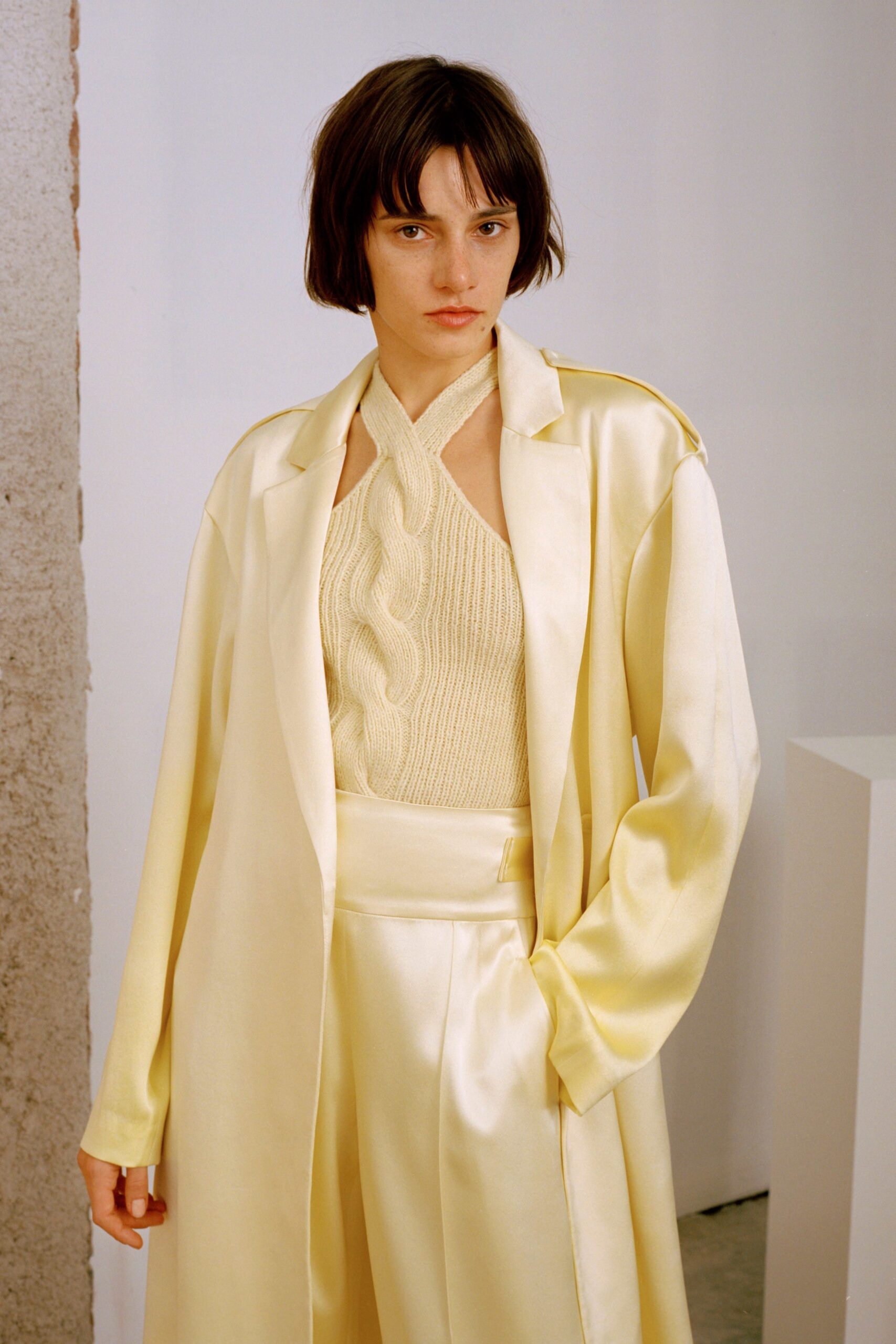 beige silk tailored wide-leg flowing pants