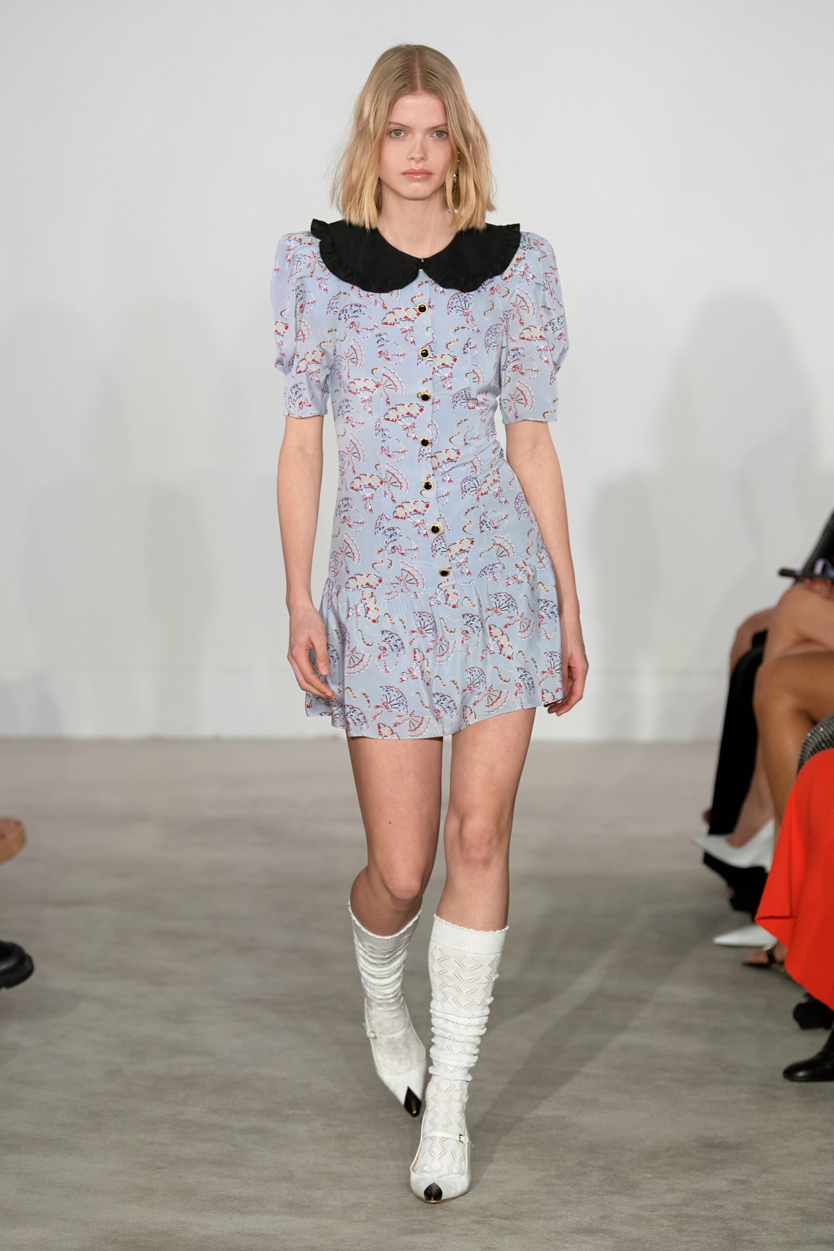 blue and pink mini dress with white boots