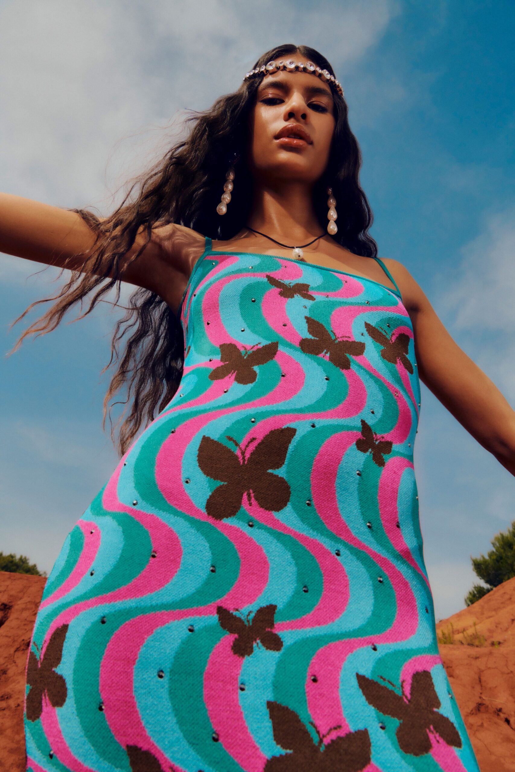 fitted blue and pink printed dress