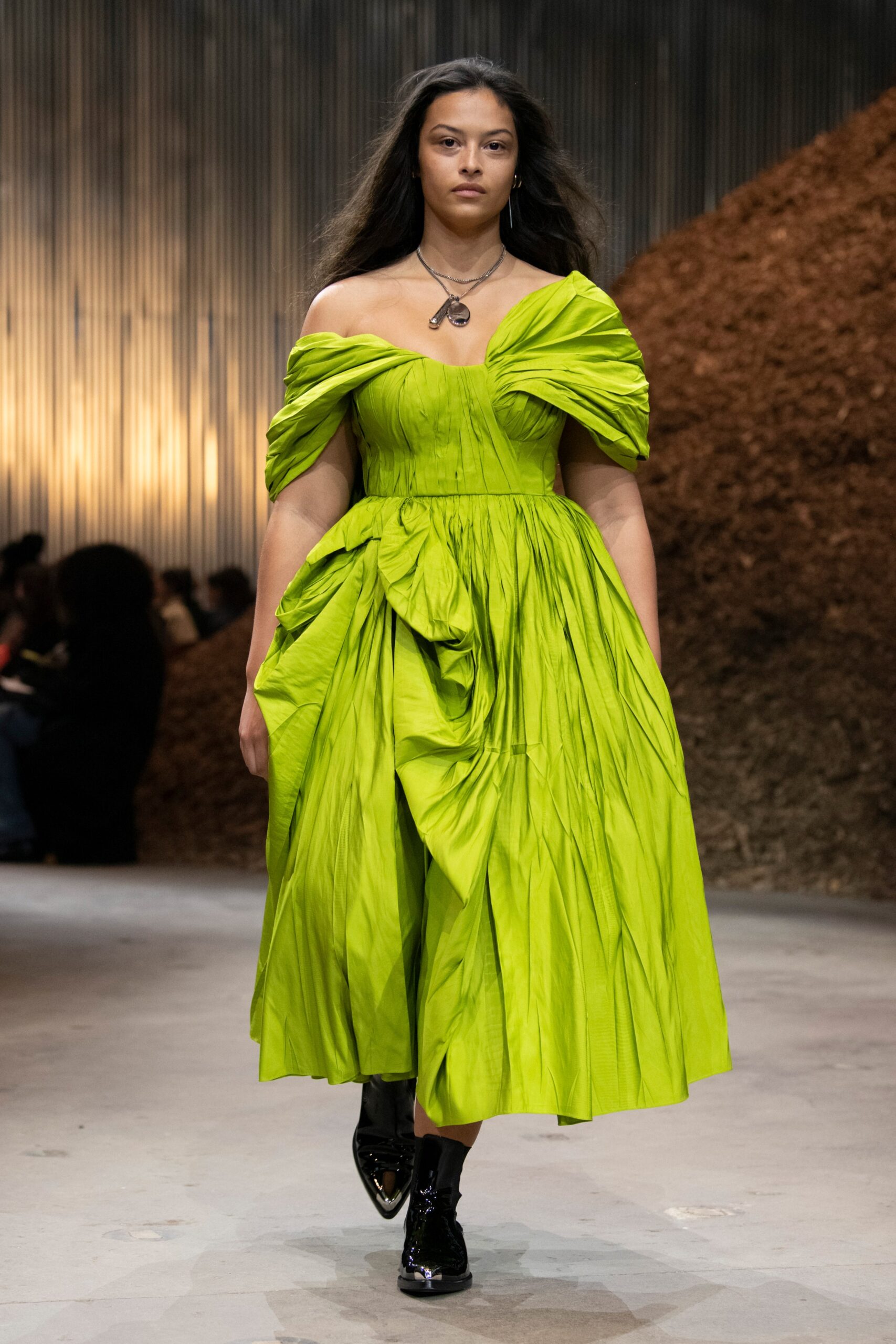 green off-shoulder pleated dress